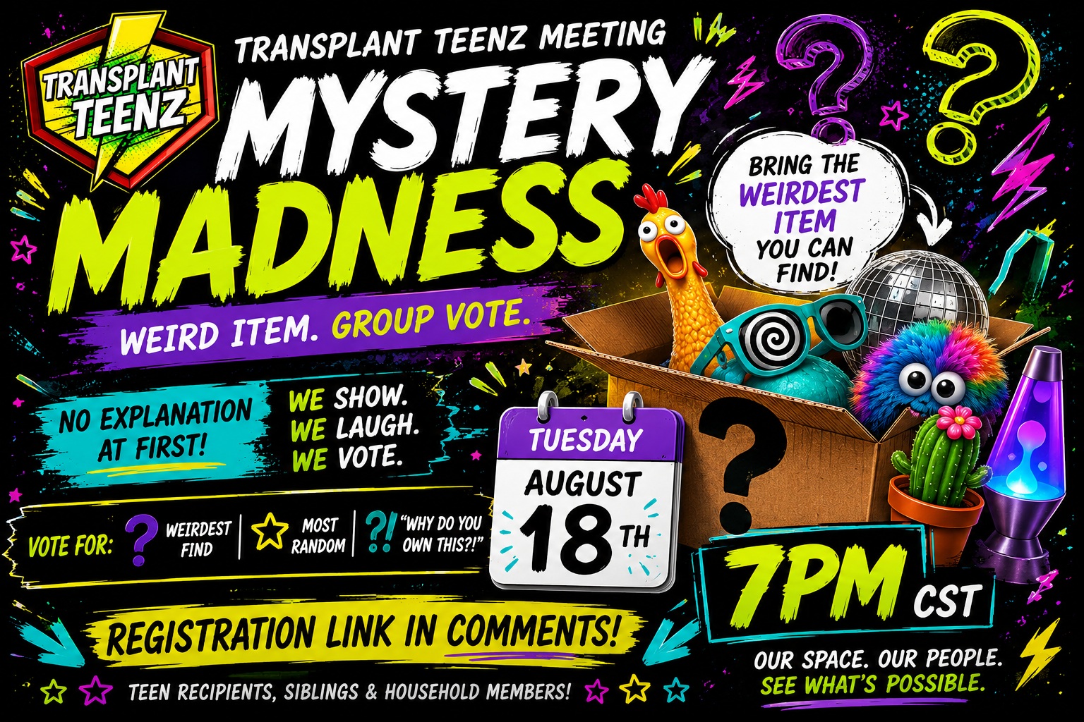Tomorrow night things get weird! Register with link in comments! #transplantteenz #healthrivelaunch #seewhatspossible #pediatrictransplant