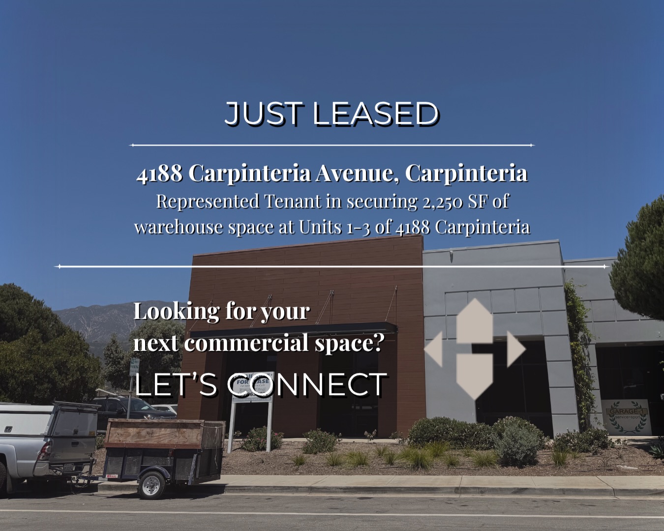 Just Leased | 4188 Carpinteria Ave
2,250 SF of warehouse space leased at 4188 Carpinteria Ave, Units 1–3. Pleased to have represented the tenant in securing their new space.
Looking for your next commercial space? Let’s connect.
#CarpinteriaCommercialRealEstate #SantaBarbaraCRE #CommercialRealEstate #IndustrialRealEstate #JustLeased
