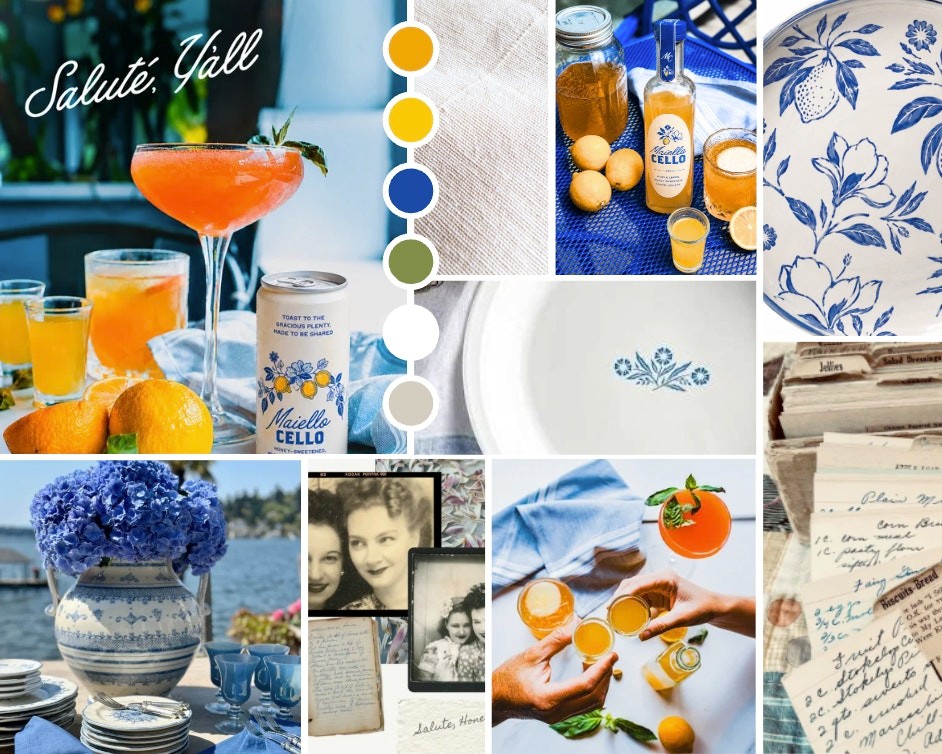 🍋 **Moodboard Monday**
Let's do some mind traveling for a moment.
Can you hear glasses clinking?
Smell fresh lemons?
Feel the warmth of a summer evening, rocking on a front porch with friends?
That's what this board is about.
Something that feels very remembered and new at the same time.
#MoodboardMonday #ItalianSummer #MaielloCello #Limoncello