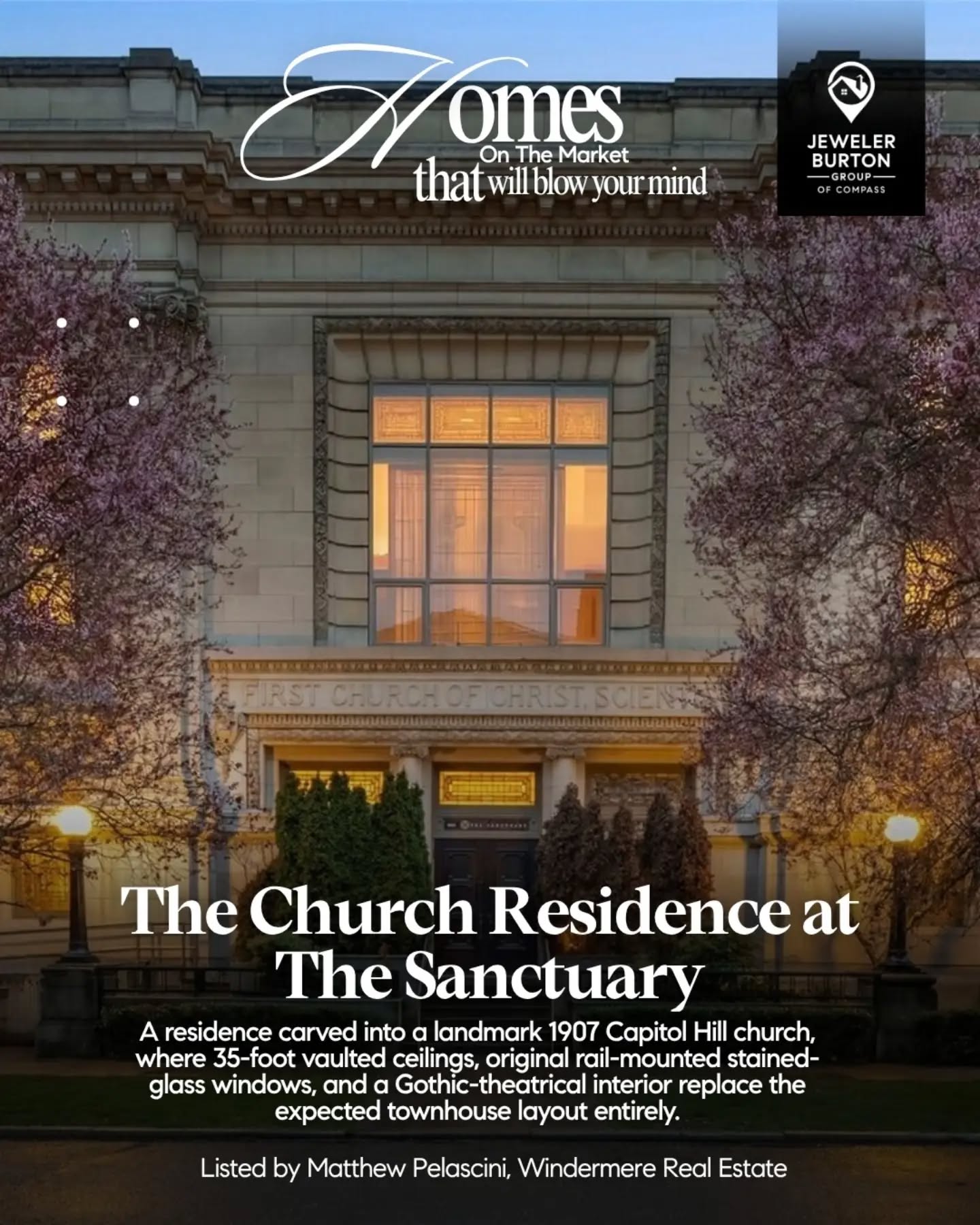 Built as a church in 1907, The Sanctuary on Seattle's Capitol Hill has been reimagined as one of the city's most distinctive private residences. Inside, 35-foot vaulted ceilings soar above original rail-mounted stained-glass windows, still intact from the building's earliest days.
The three-bedroom, four-bath home layers eclectic antiques and bespoke modern finishes into the historic bones right down to a hidden whiskey bar tucked behind the walls. It's adaptive reuse at its most theatrical, and proof that a landmark can become a home without losing its character.
Listed by Matthew Pelascini, Windermere Real Estate/East.
1849 16th Avenue, Seattle, WA 98112
$2,420,000.
Buying or selling? Let's make your next move seamless.
Jeweler Burton Group of Compass
www.JewelerBurton.com
#JewelerBurtonGroup #CompassDMV #DMVHomes #LuxuryRealEstate