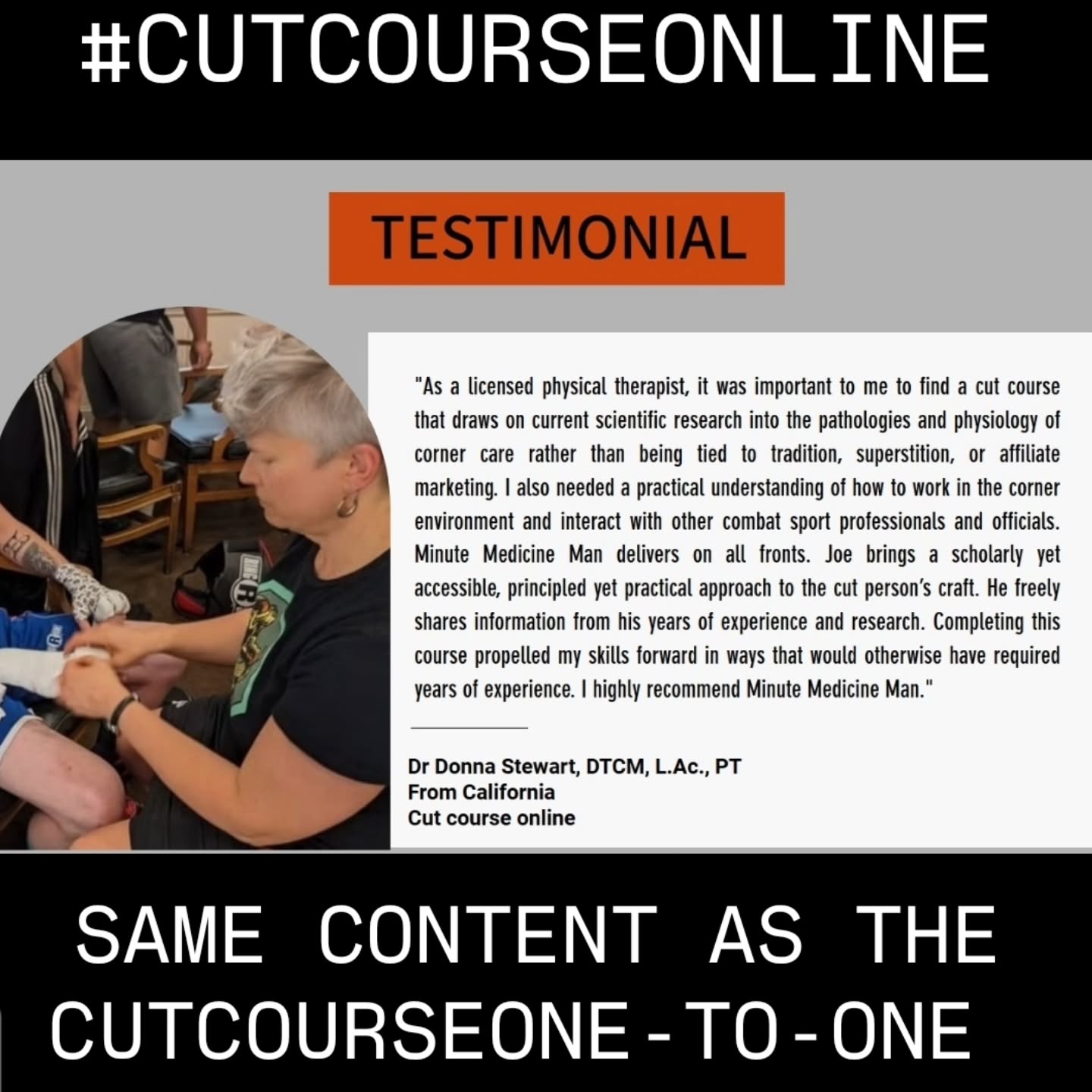 🔥 This unique opportunity to learn from a veteran, Joe Clifford who has worked extensively as a cut person in national and international combat sports since 2004 for some of the biggest organization including, UFC, KSW, Cage Warriors, PFL, Clan Wars and many more.
The course is LIVE, which means Joseph will be live with you throughout the course for Q&A. 🙋♂️ You can ask as many questions as you like!
That’s what makes our course unique. ⭐
The course is highly interactive with tutorials, and real-time video footage, and combines theory with the practical application of doing.
It empowers participants by educating them on the best
practice and evidence-based treatments for minor facial
injuries during full-contact combat sports.🥊
Suitable for all full-contact combat sports where facial injuries are acquired
Content: It has the same content as the physical presentation.
There are 10 modules on the course which represent elements of the cut person's profession.
📜 Certification:
The certificate is stamped by Minute Medicine Man, a corner care leader.
Safe MMA is an Independent global medical commission.
All are welcome! From rookies to pros👊
#Minutemedicineman
#cutcoursecertification
#CutmanTraining
#cutmanscourses