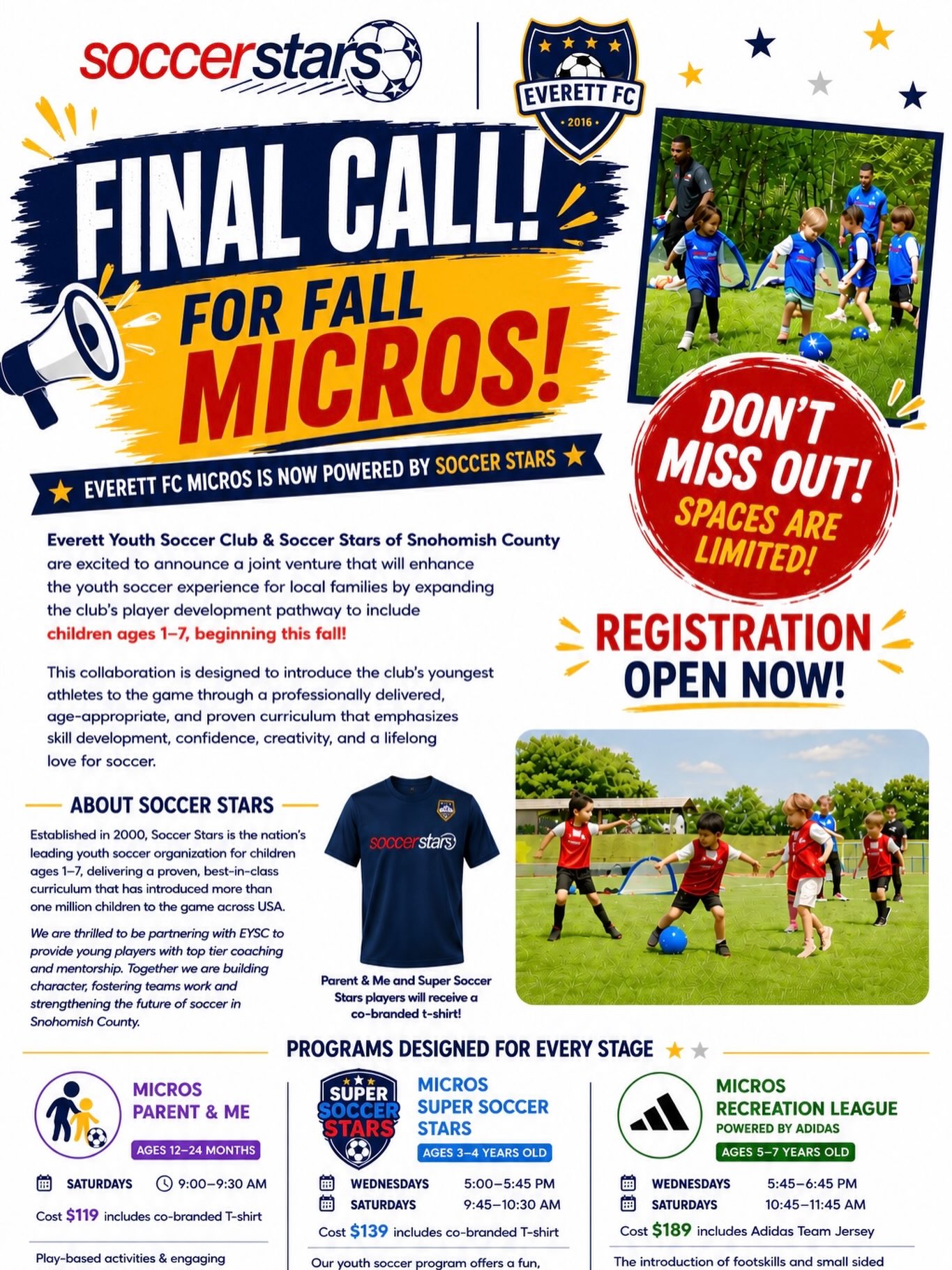 ⚽⭐ FINAL CALL FOR FALL MICROS! ⭐⚽
There’s still time to get your littlest soccer star on the field this fall! 🍂
Everett FC Micros — Powered by Soccer Stars is designed to give young players a fun, positive introduction to soccer through age-appropriate activities, lots of touches on the ball, and plenty of FUN!
⚽ AGES 3–7
⭐ No experience needed
🙌 No volunteer coaching required
💙 Fun, supportive programming powered by Soccer Stars
Registration is almost closed — don’t miss out!
👉 FINAL CALL — REGISTER NOW!
Register now: https://tinyurl.com/EYSCFallRec2026
Come play, learn, make friends, and fall in love with soccer! ⚽💛
EVERETT FC & SOCCER STARS