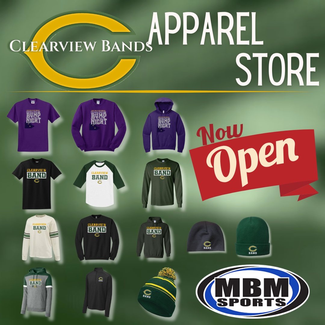 The Clearview Band Apparel Store is now open! Thanks to MBM Sports for designing and powering this operation! Check out the materials for our 2026 production, as well as general Clearview Band apparel.
Anyone in the community can place and order, the store will be open until Sunday August 30th, and materials are expected to be in around mid-September.
https://mbmsports.chipply.com/CviewBand/