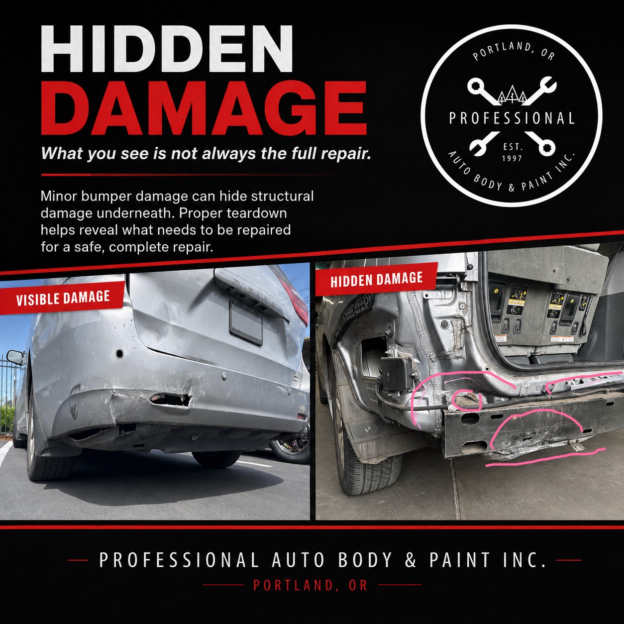 HIDDEN DAMAGE: What you see isn’t always the full repair.
A collision doesn’t have to look severe to cause damage underneath.
A bumper may show only a small dent, scrape, or light impact on the outside, while behind it there can be damaged reinforcement components, mounting points, sensors, brackets, or even structural areas that cannot be properly evaluated until the vehicle is disassembled.
That’s why at Professional Auto Body & Paint, we don’t judge the repair only by what can be seen from the exterior.
Our process includes a proper teardown and internal inspection.
We carefully remove the necessary parts around the impact area so we can determine:
• Is there hidden internal damage?
• Are any structural components affected?
• Were brackets, reinforcement parts, sensors, or mounting points damaged?
• What is actually required to return the vehicle to a safe, complete repair?
An initial insurance estimate may be based largely on visible damage. Once the vehicle is properly disassembled, additional collision related damage may be discovered and documented for the claim.
We work for you and your safety. We believe in being transparent about what we find, documenting the damage, and helping you navigate the repair and insurance claim process.
Don’t let a small looking impact fool you. What’s underneath matters.
Have questions about your accident, repair, or insurance claim? Send us a message. We’re here to help.
Professional Auto Body & Paint
📍 Portland, Oregon
🔧 Serving our customers since 1997
#caraccidents
#autobodyrepair
#autobody
#autobodyshop
#autobodylife