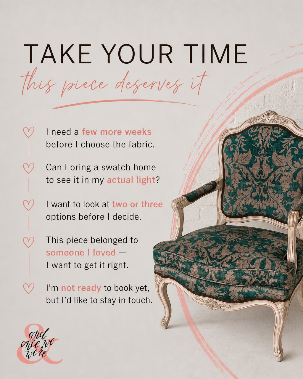 A client once apologized for taking three months to choose a fabric for her grandmother's chair.
There was nothing to apologize for.
Some pieces carry more than fabric and springs. They carry a person. A room you grew up in. A hand that rested on the same armrest for years.
You don't rush that.
Take the few more weeks. Bring the swatch home and look at it in your actual light, the light where the chair will actually live. Look at two or three options before you settle. Sit with it.
There's time built into this work. Fabric gets chosen during the wait, and the wait is long enough to change your mind twice and still land somewhere right.
And if you're not ready to book yet, that's alright too. Reach out when you'd like to, and we'll stay in touch until you are.
This piece belonged to someone you loved. Getting it right is the whole point. 🪡
#remadefurniturelincoln #remadefurnituretoronto #andoncewewere #customupholstery #onthebenchupholstery
