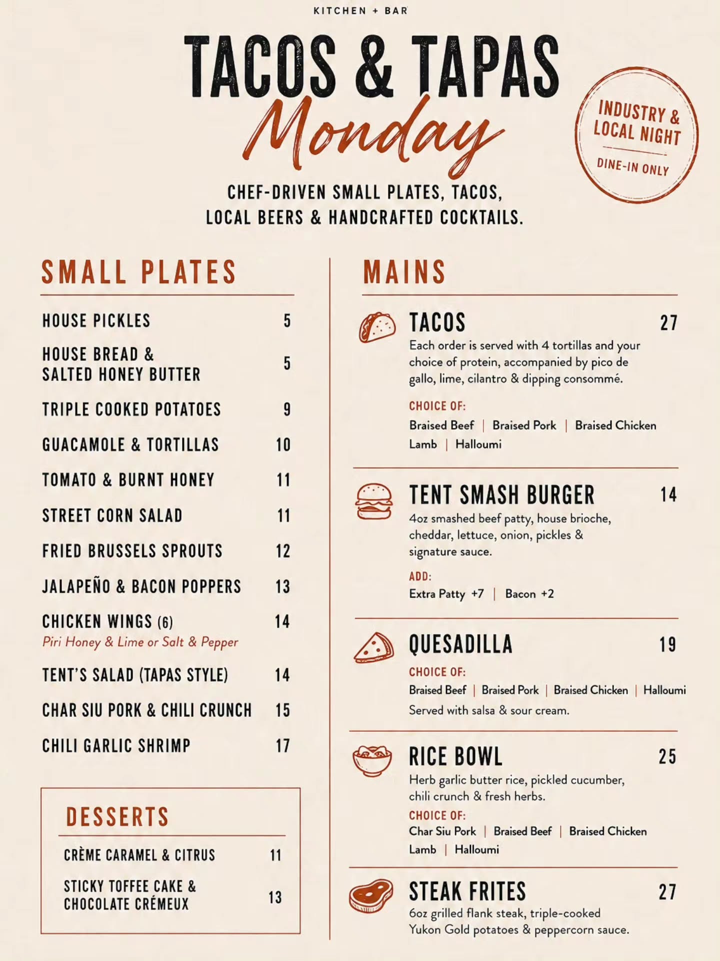 🌙 MONDAY NIGHTS ARE CHANGING
Monday, August 31st will be the last night for our current Taco Night menu 🌮
Starting September 7th, we’re switching things up with a new Monday night menu focused more on tapas, small plates, and shareables — with a few tacos still making an appearance.
Bold flavours, more variety, and plenty of plates made for sharing.
Come get your favourites one last time on August 31st before the new menu drops 👀🔥
📍 Tent Kitchen + Wine Bar