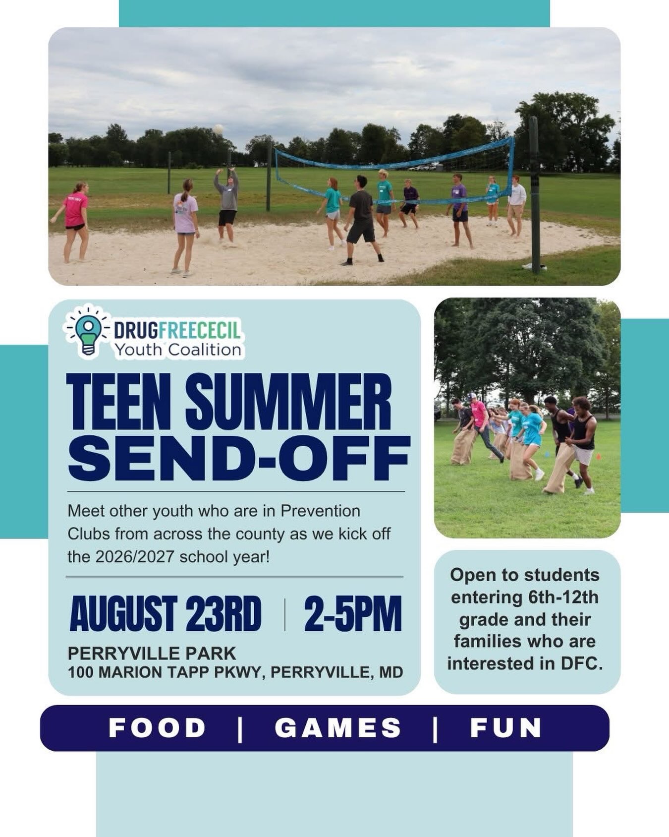 🌞Teen Summer Send-Off is TODAY!!!!
🏐 Volleyball
🏃 Team games
🍕 Food
🎉 Fun
🤝 Meet students from across the county
Whether you’re already involved in Prevention Clubs or want to learn what they’re all about, we’d love to meet you.
📅 TODAY | 2-5 PM
📍 Perryville Park
Open to students entering grades 6-12 and their families.
Start the school year with new friends and new opportunities!