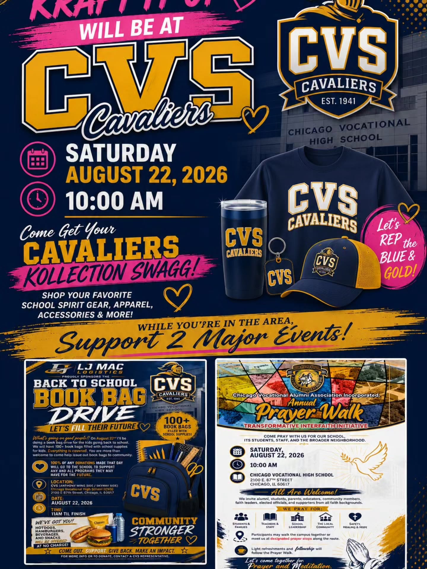 💙💛💗 CVS FAMILY, COME SHOP WITH KRAFT IT UP! 💗💛💙
We’ll be at CVS Saturday, August 22nd at 10AM! ✨ Come grab your Cavaliers Kollection Swagg and rep that Blue & Gold! 💙💛
While you’re in the area, support the Prayer Walk 🙏🏽 and Book Bag Drive 🎒📚!
🛍️ SHOP. SUPPORT. REPRESENT.
#KraftItUp #CVS #CVSAlumni #CavalierPride #BlueAndGold