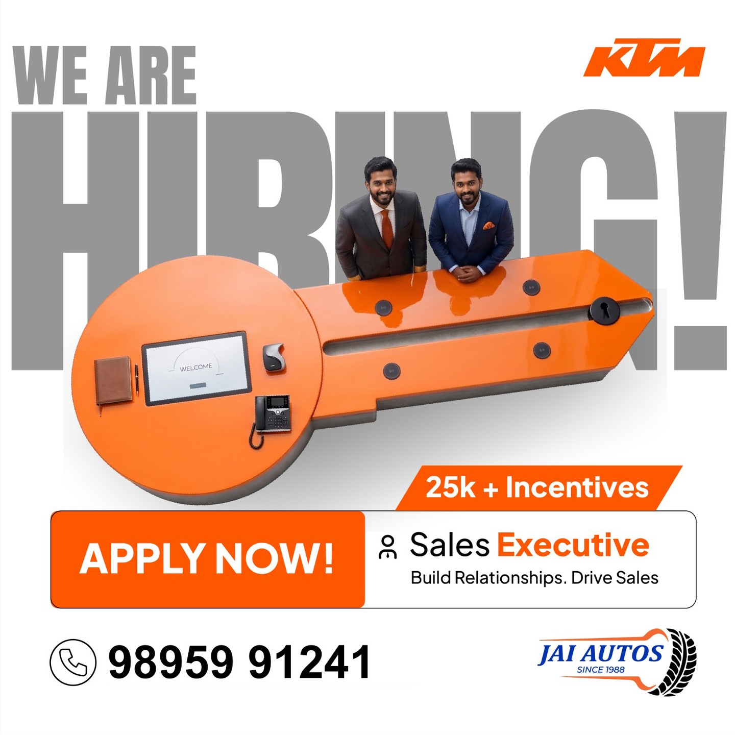 KTM / Jai Autos is expanding its team and looking for driven Sales Executives.
Position: Sales Executive
Package: ₹25k + Incentives
Apply Now: Call 98959 91241
Share this post with anyone looking for an exciting sales opportunity.
KTM Husqvarna Adyar