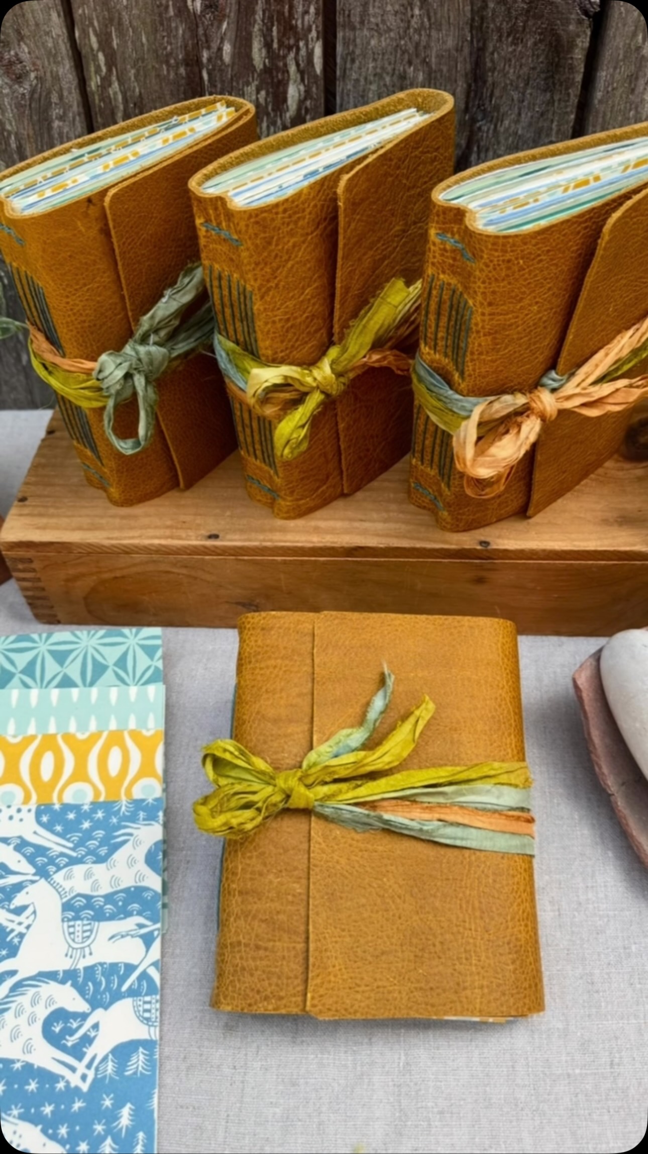 Off to its new home 💛
Windhorse Storyteller Journal
This one-of-a-kind Storyteller has been chosen for a very special purpose: to gather the stories of childhood- the magic, the mischief, the discoveries, and all the things that might otherwise be forgotten.
Bound in golden bison leather and filled with beautiful papers printed in England, its pages are ready for a childhood full of stories.
What a wonderful thing for a Hypatia Storyteller to become. 🌟
Hand bound on Martha’s Vineyard. Now beginning a very special new chapter.