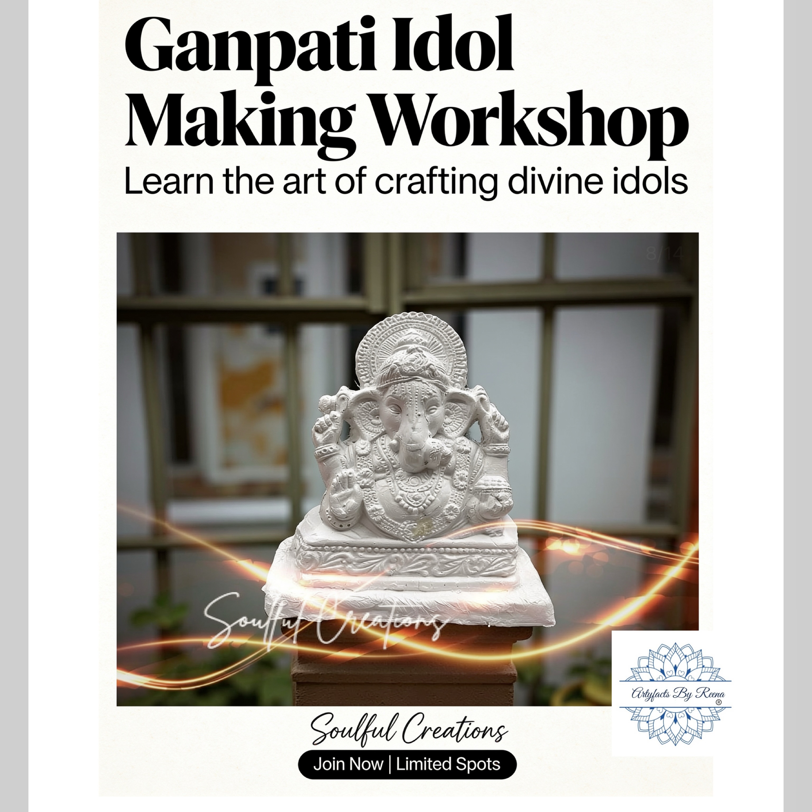 🌺✨ This Ganesh Chaturthi, let’s welcome Bappa with creativity, devotion, and a personal touch! ✨🌺
Join us at Artyfacts By Reena for a special festive workshop where you’ll create your very own Ganpati Pandal Setup along with the Idol from scratch.
From designing the backdrop and décor elements to adding artistic details, this hands-on experience will help you craft a beautiful space for your beloved Ganesha while exploring your creativity.
🎨 Create your own unique pandal
🌼 Learn artistic techniques and festive décor ideas
🐘 Make your celebrations more meaningful with handmade creations
👨👩👧👦 Suitable for children, teens, and adults
Whether you’re an art enthusiast or simply looking to add a personal touch to your Ganesh Chaturthi celebrations, this workshop is for you.
📍 Venue: Artyfacts By Reena
📩 DM us for batch details, timings, and registrations.
Let’s celebrate the spirit of Ganesh Chaturthi through art, imagination, and joyful creation.
🙏 Ganpati Bappa Morya! 🙏
#ganeshchaturthi #ganeshchaturthicelebration