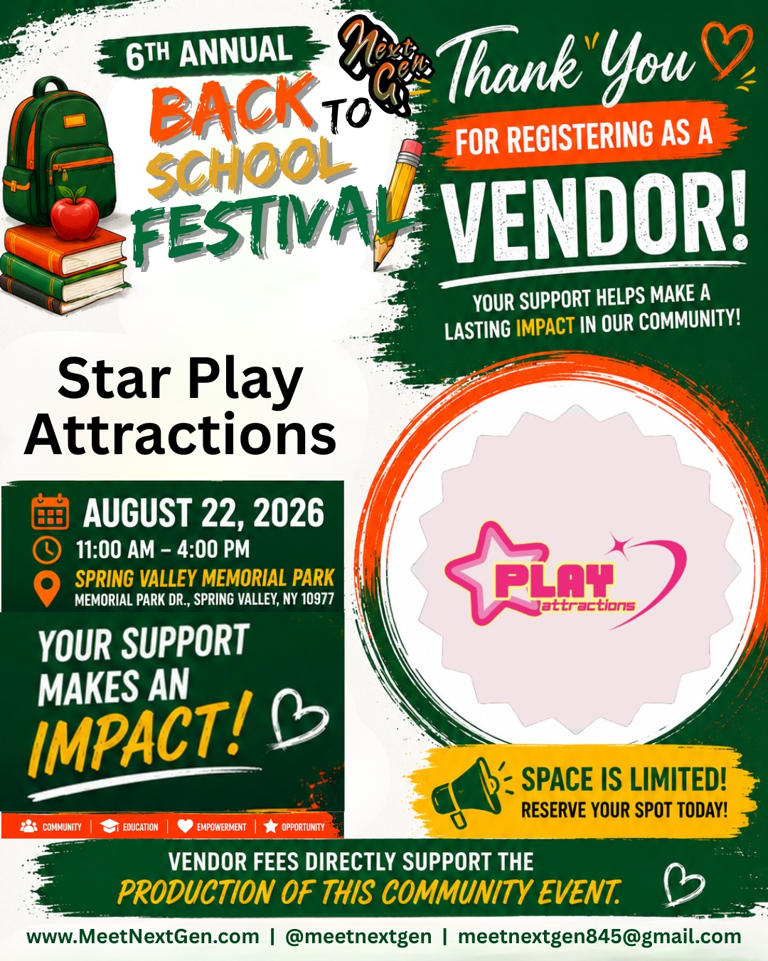 We're excited to welcome @starplay_attractions to the 6th Annual Meet Next Gen Back to School Festival!
Get ready for even more fun because Play Attractions is bringing BUMPER CARS and a KIDS PLAY ZONE to the festival!
Bring the kids out to play, have fun, and enjoy an exciting day while your family connects with community organizations, resources, activities, giveaways, and more.
A huge thank you to @starplay_attractions for helping us create a fun and memorable experience for the children and families of Rockland County.
6th Annual Meet Next Gen Back to School Festival
Saturday, August 22, 2026
11:00 AM – 4:00 PM
Spring Valley Memorial Park
Spring Valley, NY
Admission is FREE!
Come for the resources. Stay for the fun. And make sure the kids are ready for the bumper cars and Kids Play Zone!
