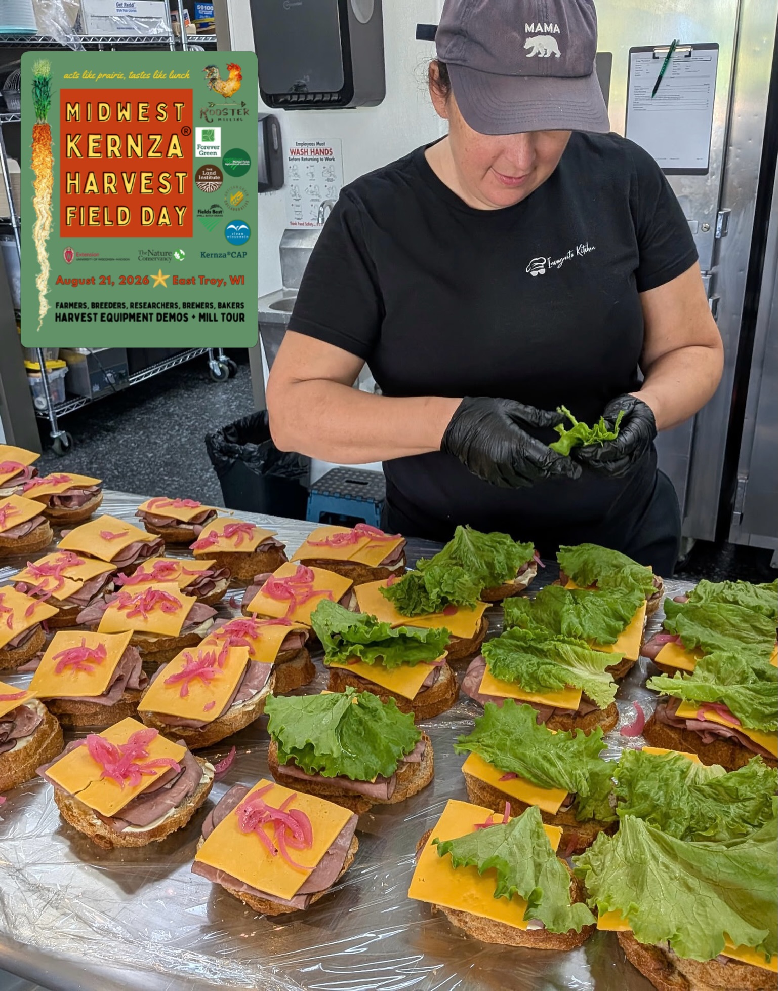 Oh boy! Look at the gorgeous lunch being prepared at this moment by Dana Kohlmann at @mama_bearcatering for our Midwest Kernza Harvest Field Day. Kernza bread baked by the incomparable Tom Welcenbach at @incognitokitchenmukwonago ! Kernza desserts made by our own Research Director Nicole Tautges. All with Fields Best Kernza flour processed at Rooster Milling.