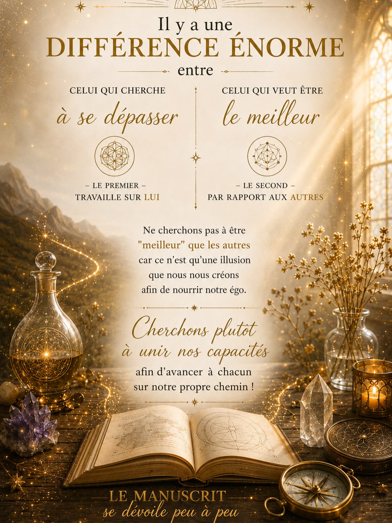 🌙 Il y a une différence énorme entre celui qui cherche à se dépasser et celui qui veut être le meilleur !
- le premier travaille sur lui,
- le second par rapport aux autres.
Ne cherchons pas à être « meilleur » que les autres car ce n’est qu’une illusion que nous nous créons afin de nourrir notre égo. Cherchons plutôt à unir nos capacités afin d’avancer à chacun sur notre propre chemin ! Et toi ? Qu’en penses-tu ? #alchimie #alchimieintérieure #abonnetoi #spirituality #transformationpersonnelle