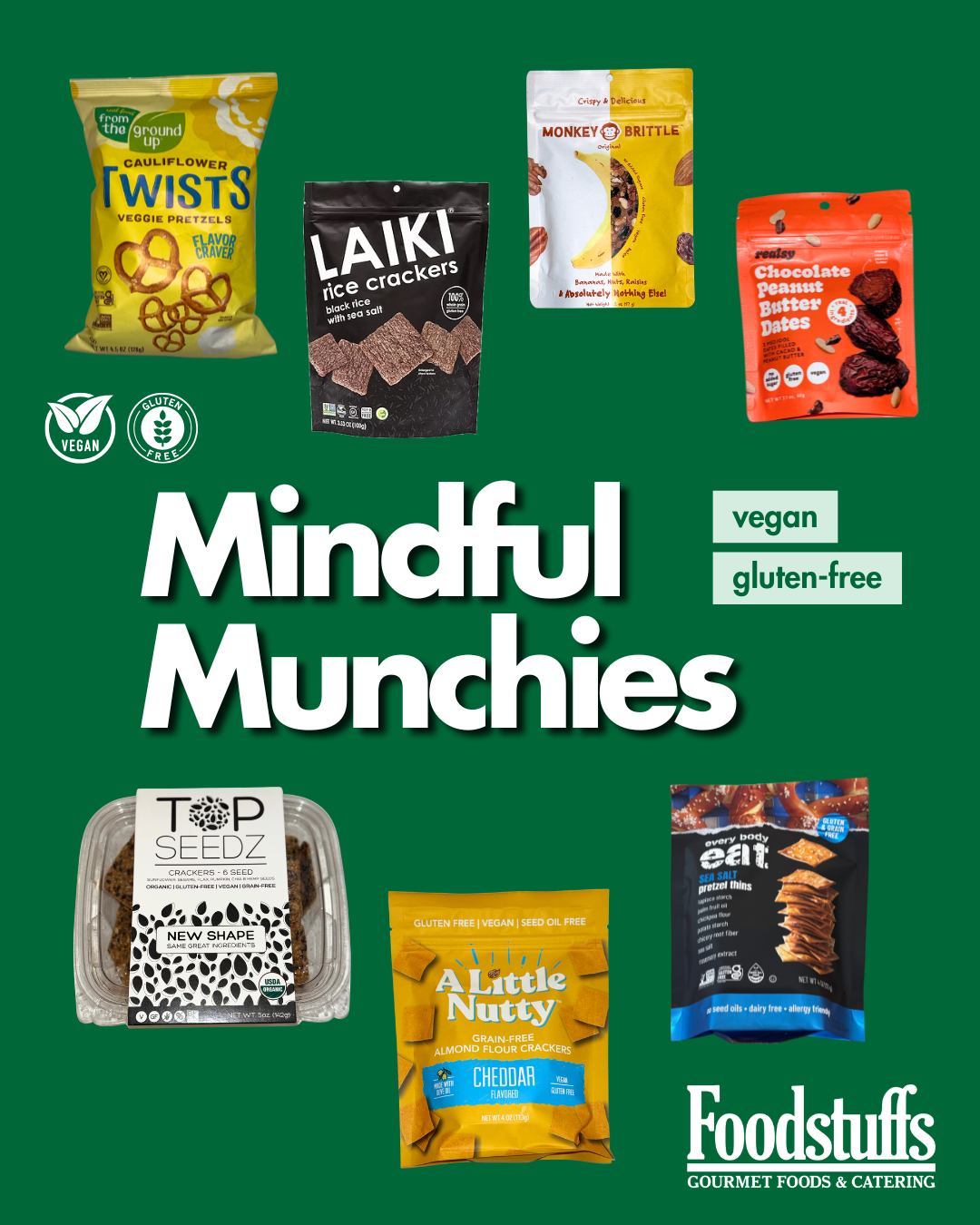 Mindful Munchies are here!🌱
We’ve rounded up some delicious vegan & gluten-free favorites
from the Foodstuffs shelves! 💚
From crunchy crackers and pretzels to sweet treats,
there’s something for every mindful snacker.
Stop by Foodstuffs and discover
your new favorite mindful munchie! 🛒