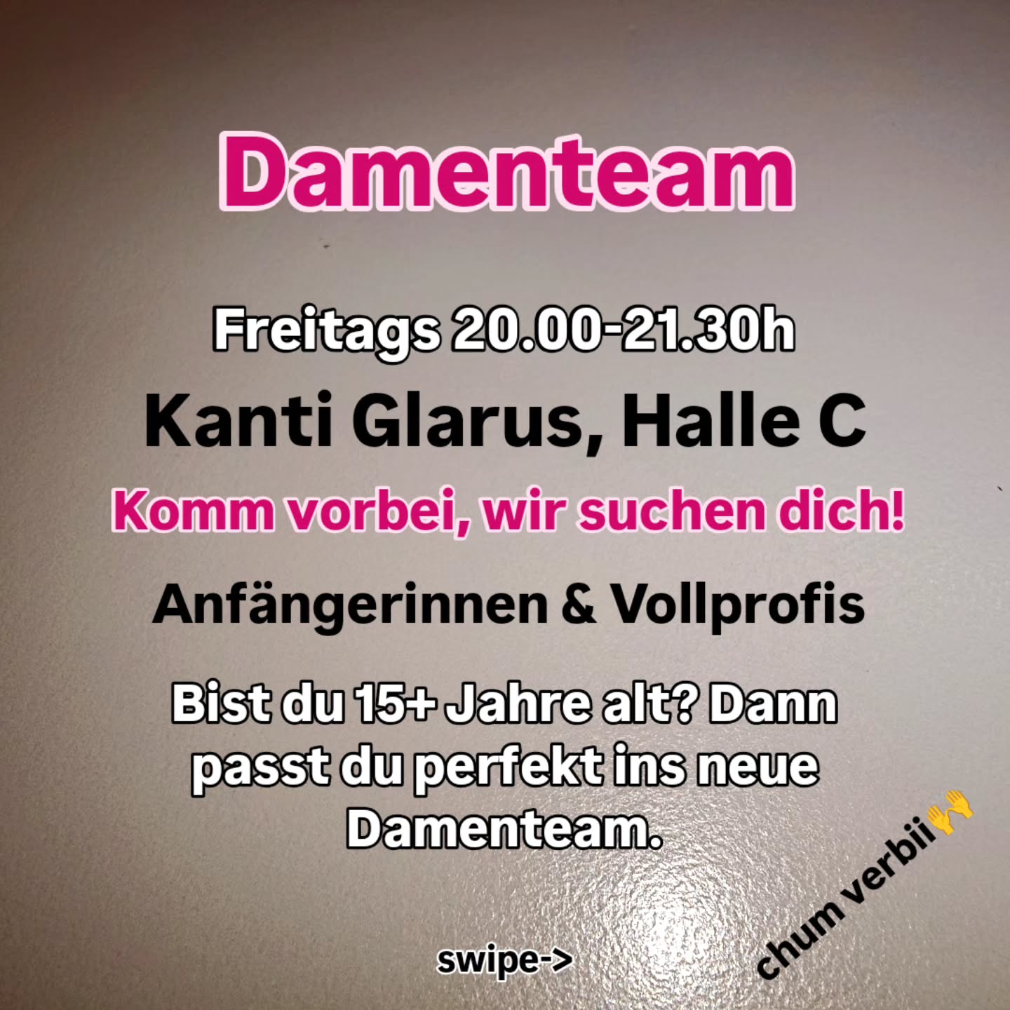 Hey, Basketball ist kein Herrensport, darum starten wir dein neues Damenteam!🙃
Die Trainings finden ab sofort jeden Freitag von 20.00-21.30 Uhr in der Halle C der Kanti Glarus statt. Wir freuen uns über alle sportsbegeisterte Damen ab 15+ (auch ohne Voranmeldung!). Kommt direkt zu einem Schnuppertraining! Jüngere Damen empfehlen wir vorerst die Nachwuchstrainings🤗.
Konnten wir dein Interesse wecken oder kennst du jemanden, dem du das schicken könntest? Wir freuen uns über euch!
#basketballtraining
#glarus #glarnerland
