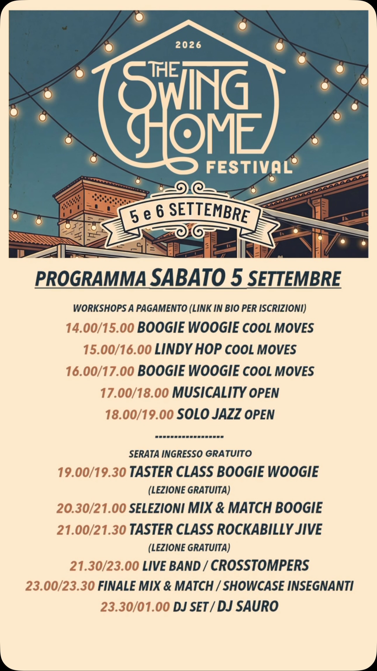 Ecco il programma di sabato 5 settembre!
THE SWING HOME FESTIVAL
@fabric_drinkandfood
DOVE?
Cascina Carlinga - Fabric
Via Carlinga 19, Curno (BG)
Sarà un festival pazzesco!
Per qualsiasi info scriveteci al n. 3312216369