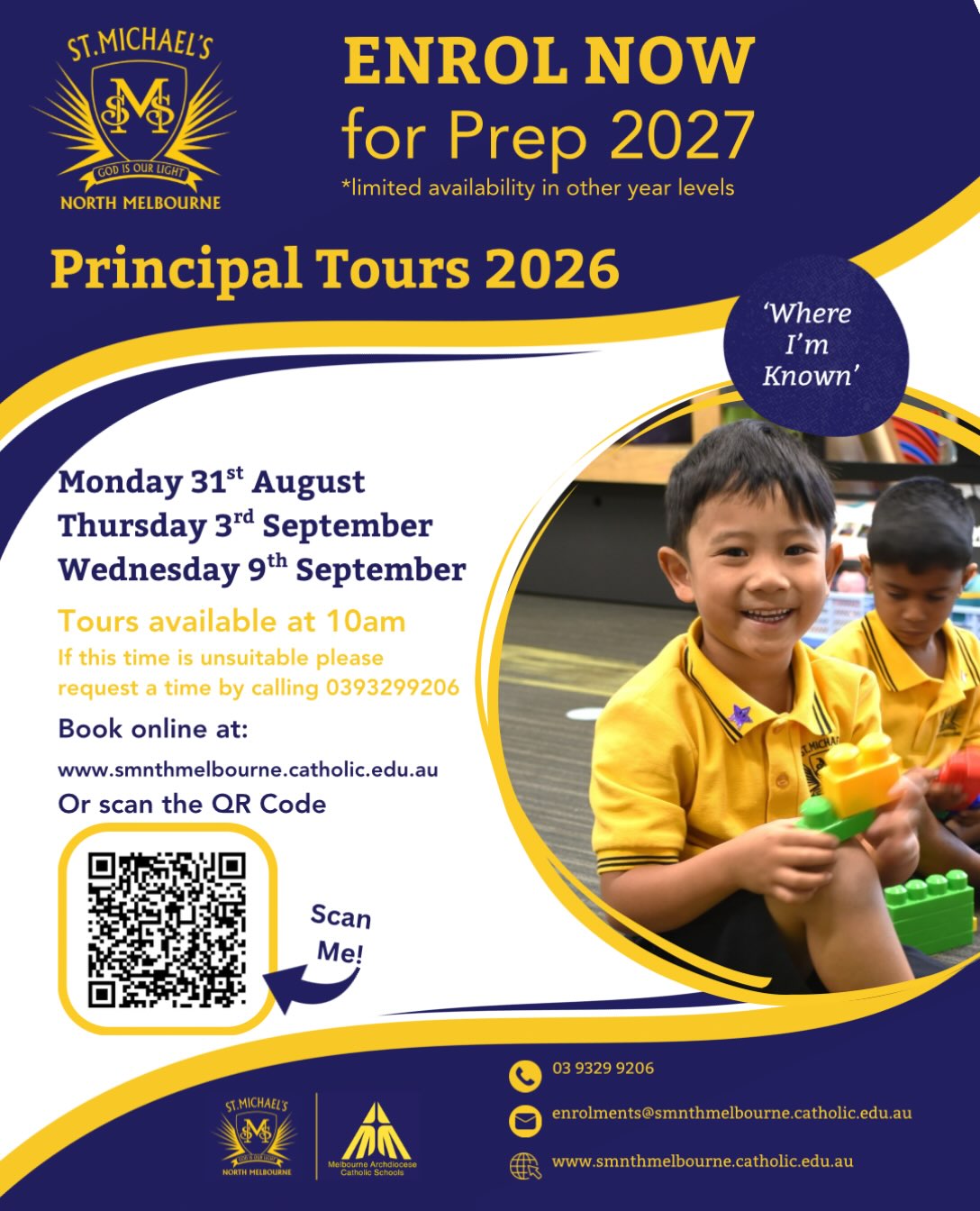 🌟Principal Tours for 2027 Enrolments 🌟
Are you considering St Michael’s Primary School for Prep in 2027? We’d love to welcome you and your family to experience our school community and see our learning in action. 💙💛
Join our Principal Damien for a guided tour of our classrooms and learning spaces, meet our community and discover what makes St Michael’s such a wonderful place to learn and grow.
📅 Principal Tour Dates:
• Monday 31st August
• Thursday 3rd September
• Wednesday 9th September
⏰ All tours begin at 10:00am
Book your Principal Tour via our school website www.smnthmelbourne.catholic.edu.au or scan the QR code on this post.
Can’t make one of these dates? We’d still love to show you around! Please contact our school office on (03) 9329 9206 to arrange an alternative day and time.