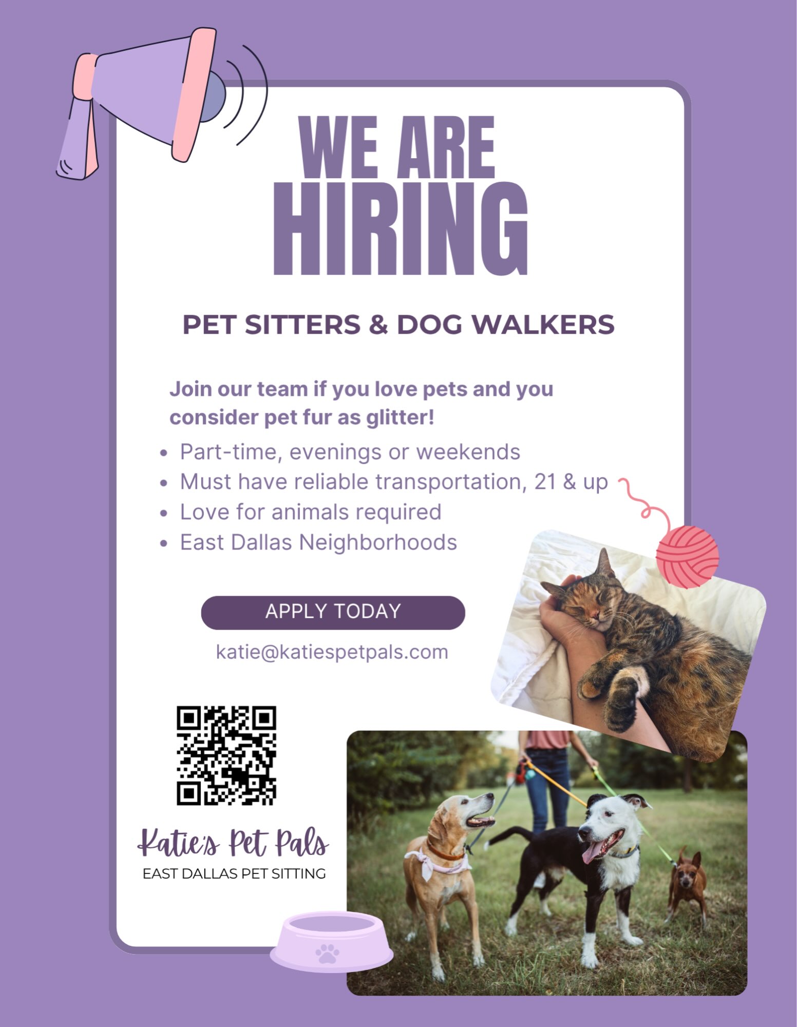 Looking for passionate pet people 🐾💜 who are excited to provide enrichment for pets and peace of mind for East Dallas pet parents!
Link in bio to apply or email me katie@katiespetpals.com
katiespetpals.com
East Dallas Pet Sitting
#werehiring #joinourteam #petpeople #propetsitters