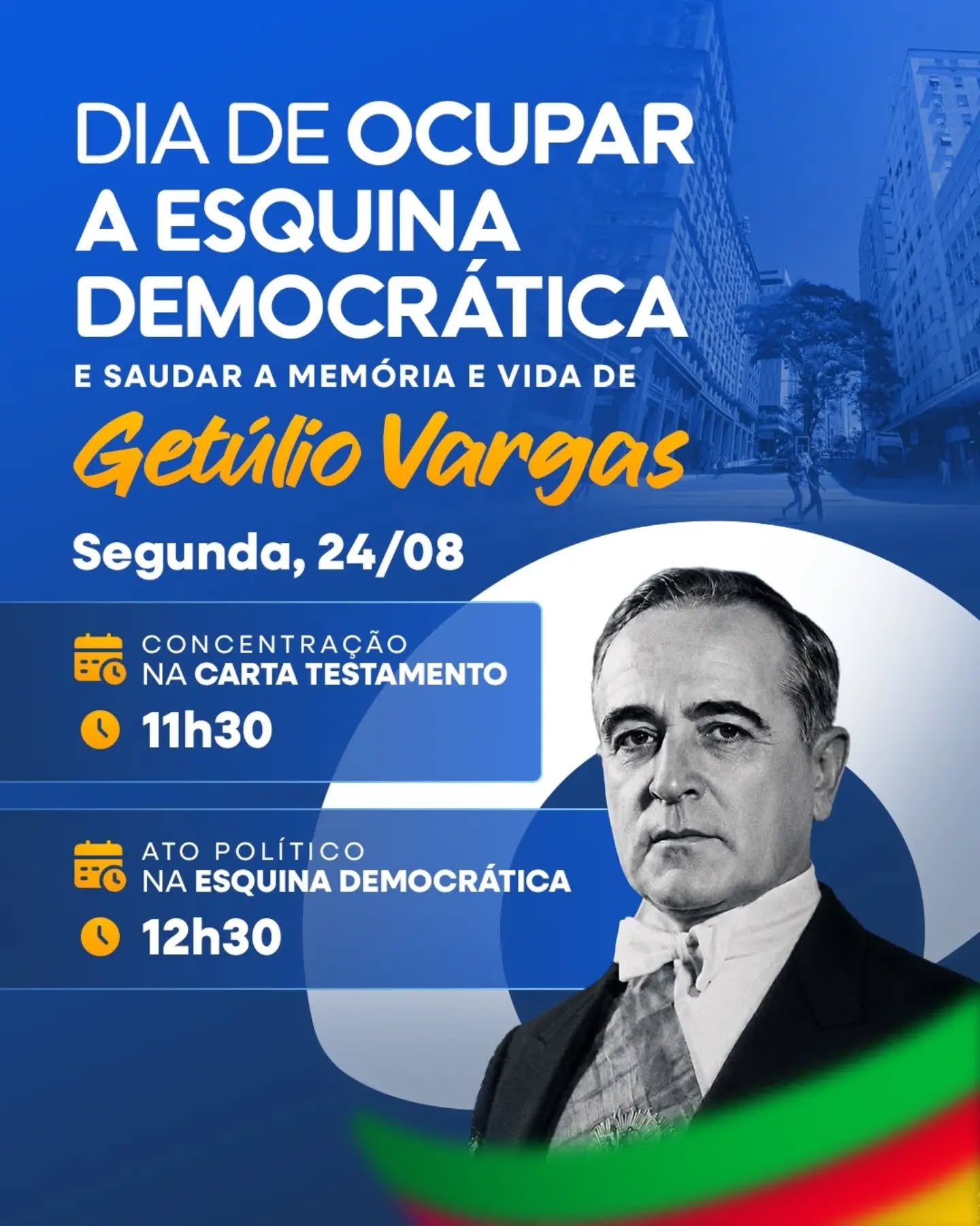 🌹 No dia 24 de agosto, ocuparemos a Esquina Democrática para saudar a memória, a vida e o legado de Getúlio Vargas.
Há 72 anos, Getúlio entrava para a história ao defender os trabalhadores, a soberania nacional e um projeto de desenvolvimento para o Brasil. Seu legado permanece vivo na luta do povo brasileiro.
📅 Segunda-feira, 24 de agosto
🕦 11h30 — Concentração na Carta Testamento
🕧 12h30 — Ato político na Esquina Democrática
Getúlio vive na memória e na luta do povo brasileiro!
#PDTRS #GetúlioVargas #Trabalhismo #EsquinaDemocrática #CartaTestamento HistóriaDoBrasil