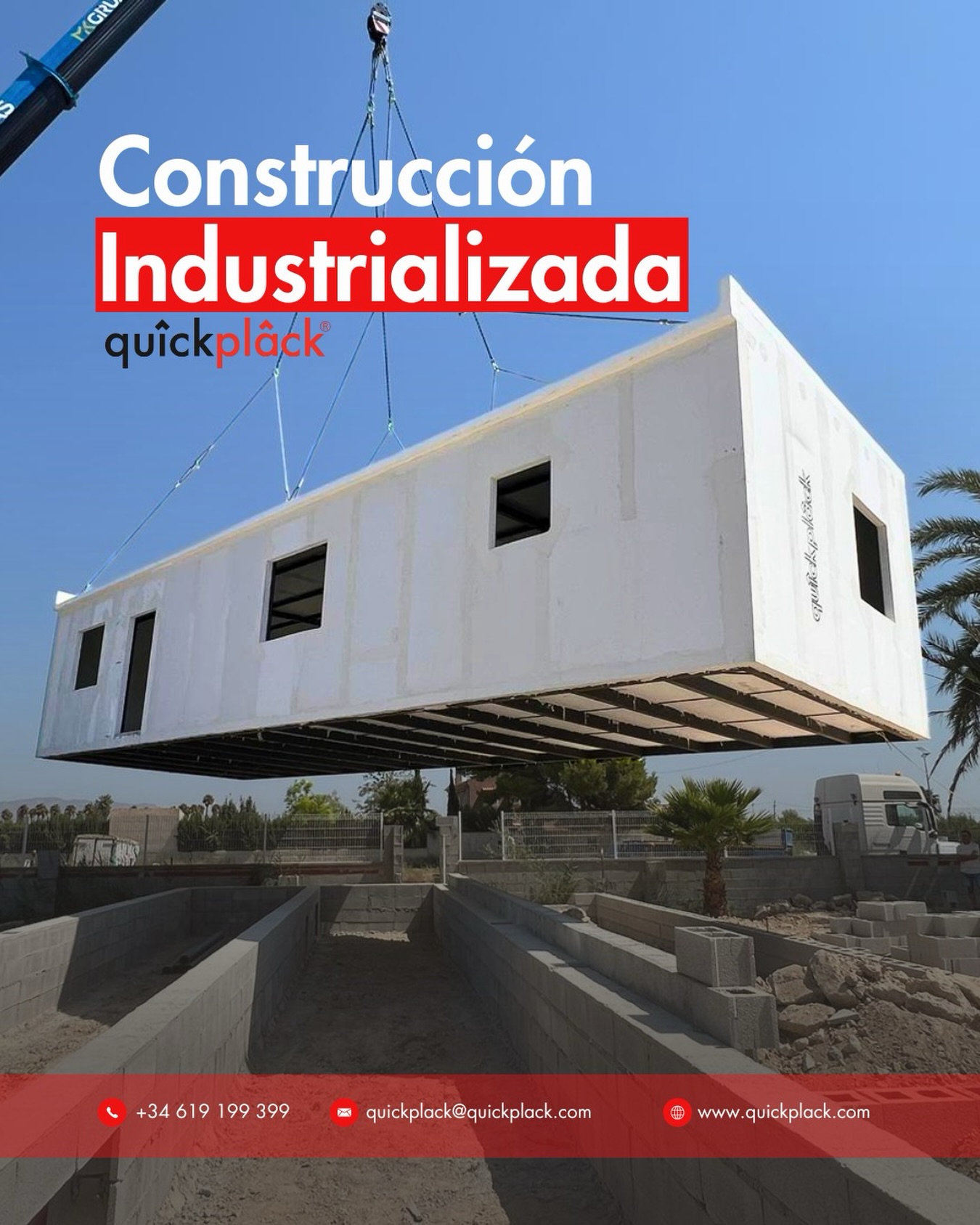 Construcción industrializada con el sistema quîckplâck
¡Contáctanos!
📲 +34 606 85 20 13
📲 +34 619 19 93 99
💻 Conoce nuestras soluciones en www.quickplack.com