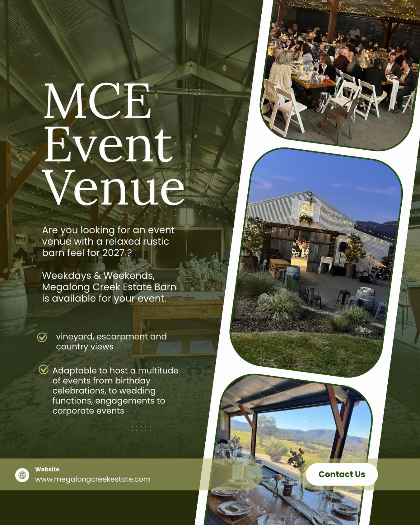 2027 bookings are OPEN.
Are you looking for an event venue with a relaxed rustic barn feel for 2027 ?
Weekdays & Weekends, Megalong Creek Estate Barn is available for your event.
Megalong Creek Estate is an abundance of vineyard, escarpment and country views. Adaptable to host a multitude of events from birthday celebrations, to wedding functions, engagements to corporate events, MCE is a vast space with the potential to be transformed in line with your creative vision.
Book for an available date in November 2026 and get 25% off the venue fee.
Head over to our website for more information on our event bookings.
Email: info@megalongcreekestate.com
📍Blue Mountains - Megalong Valley 2785
#megalongcreekestate #events #weddings #bluemountainsweddings #corporateeventsvenue