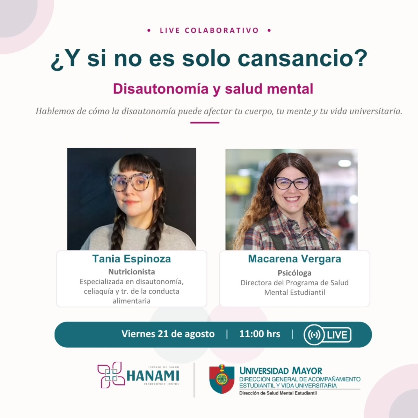 ¿Te ha pasado que te levantas, sigues con tu día y aun así sientes que tu cuerpo no te acompaña?😵💫
Mareos, cansancio, palpitaciones, problemas digestivos… y no siempre es fácil entender por qué.
🧠 La disautonomía puede afectar varias de las funciones que nuestro cuerpo regula automáticamente, y vivir con estos síntomas también puede tener un impacto en cómo nos sentimos, estudiamos y enfrentamos el día a día.
Este viernes queremos conversar sobre eso, sin tanta vuelta y desde dos miradas: Tania Espinoza, nutricionista, y Macarena Vergara, psicóloga.
💬 Hablemos de disautonomía, salud mental y vida universitaria.
📲 LIVE
📅 Este viernes 21 de agosto
⏰ 11:00 hrs
Si te pasa, conoces a alguien que le pasa o simplemente quieres entender un poco más, súmate a la conversación.💚
#disautonomía #saludmentalyemocional❤️
#nutricion#vidauniversitária #umayor