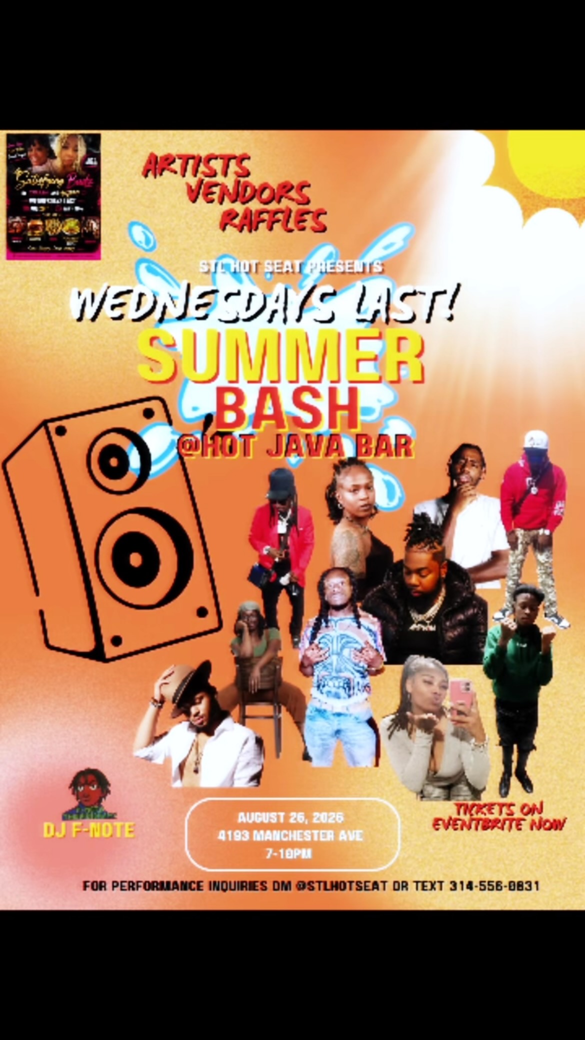 The End of Summer Bash is THIS WEDNESDAY and We’re Bringing the HEAT🔥🔥🔥 Get your tickets on Eventbrite for Wednesdays Last! Summer Bash and Meet us at the @hotjavabar from 7-10pm THIS WEDNESDAY NIGHT‼️
Food! Live Music! Fun!
And DJ’d by the best @fnotethevisionary
All on a Wednesday Night😎🎶
#liveperformances #stlevents #supportlocalartists #tornadorelief #follow