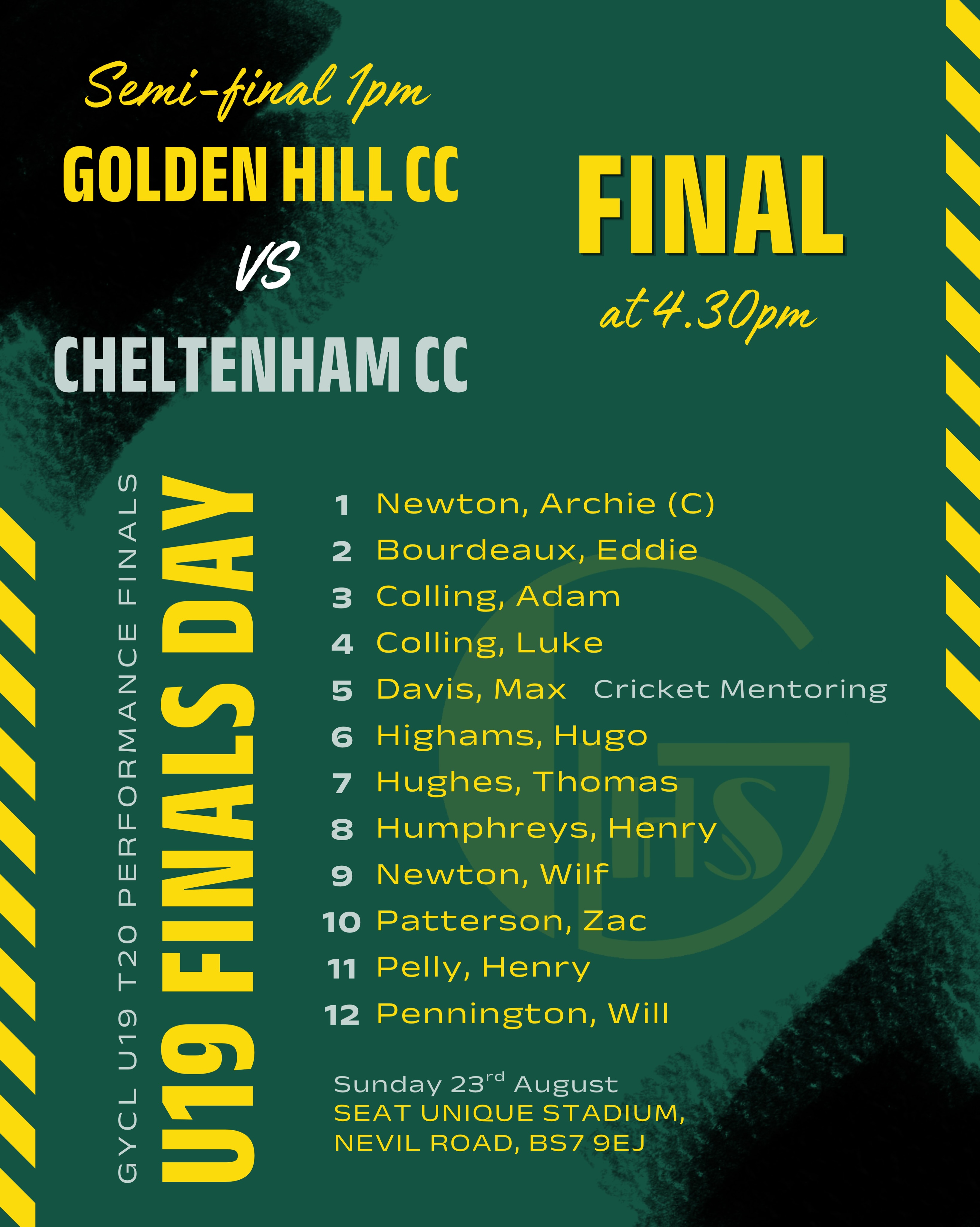 GH U19s have qualified again for finals day and it takes place this Sunday at the Gloucestershire Cricket Club! The Semi-Final kicks off at 1pm v Cheltenham and should we win, the final will be at 4.30pm.
The lads would be grateful for all your support donning your GH gear! The bar and cafe is open 🍻☕️