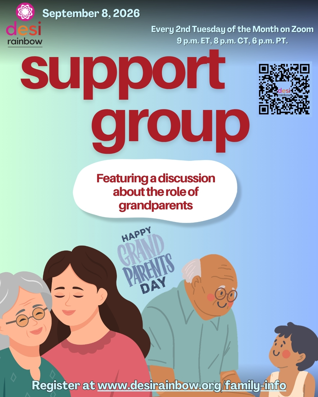 🫂Grandparents occupy a unique space in the lives of LGBTQ+ folks. Our Ajja, Dadi, Nani or Appachan can be a source of unconditional love, support, ancestral wisdom and heritage. Their lack of acceptance of an LGBTQ+ grandchild can be deeply hurtful. Conversely, grandparents may be confused and misinformed about LGBTQ+ identity or unaware of how their rejection causes harm.
We invite South Asian grandparents and family members of LGBTQIA+ people to join our virtual Support Group for family members and discuss the experience of grandparents in your family. You do not need to be a grandparent to join the group.
The group will meet on Tuesday, September 8th at 9 p.m. Eastern, 8 p.m. Central, and 6 p.m. Pacific.
👉🏽 Joining for the first time? You'll need to register at least 2 hours before the meeting at www.desirainbow.org/family-info to receive the meeting link. (Link in bio)
💟 This is a monthly 90-minute peer-to-peer support and discussion group that's for family members (siblings, grandparents, aunts, uncles, chosen family etc.) of LGBTQIA+ Desis of all ages.
🥰 Join us in creating an affirming world for LGBTQIA+ Desis and their families at desirainbow.org/membership
#Grandparents #DesiParents #DesiFamily #QueerDesi #TransDesi