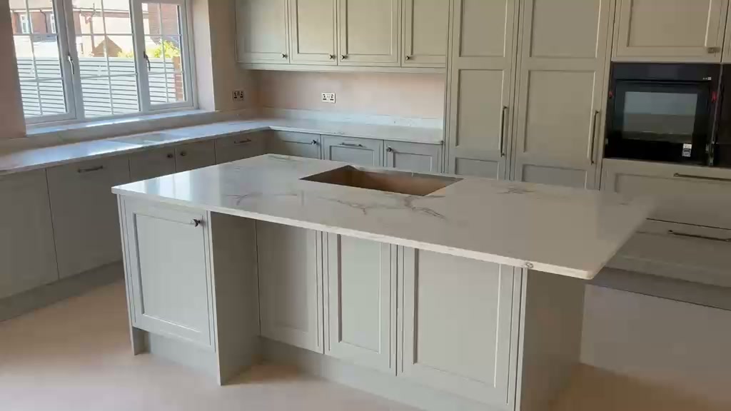 Maia Gold quartz island and worktops fitted in Warrington #quartzworktops #quartzworktop #kitchenworktops #kitchenideas