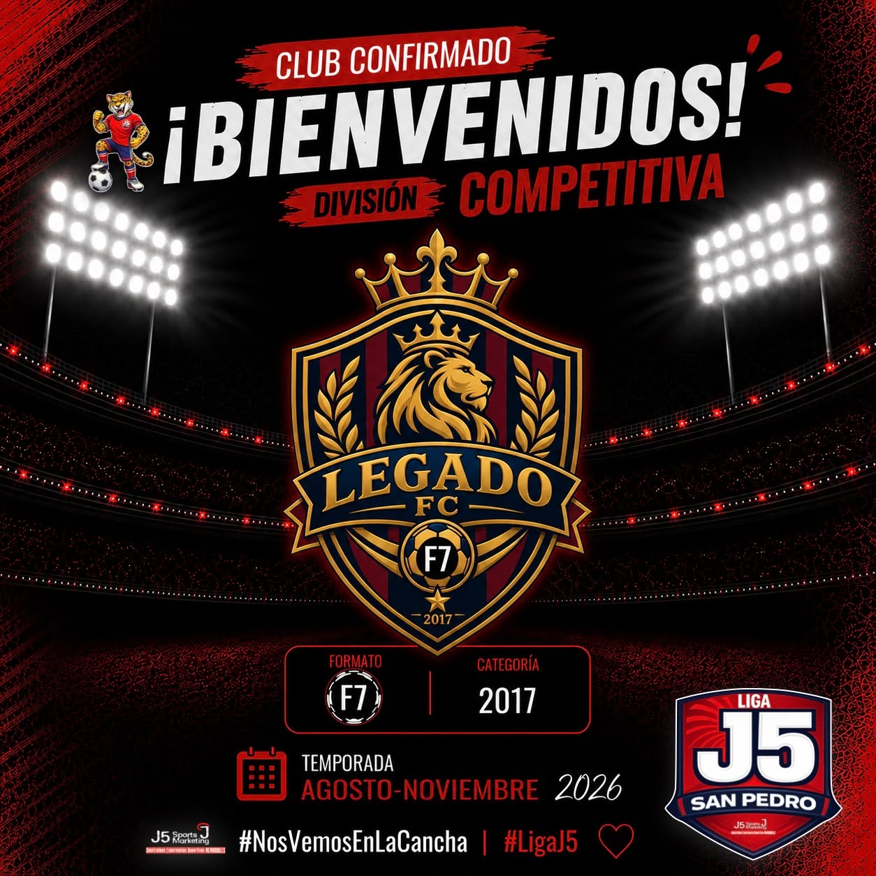 🦁 ¡𝘽𝙄𝙀𝙉𝙑𝙀𝙉𝙄𝘿𝙊𝙎, @legadofc_mty !
Un nuevo equipo llega a la División Competitiva de la Liga J5 para escribir su propia historia dentro de la cancha. 🔥⚽
¡Que ruede el balón y comience el reto!
#LigaJ5 #NosVemosEnLaCancha