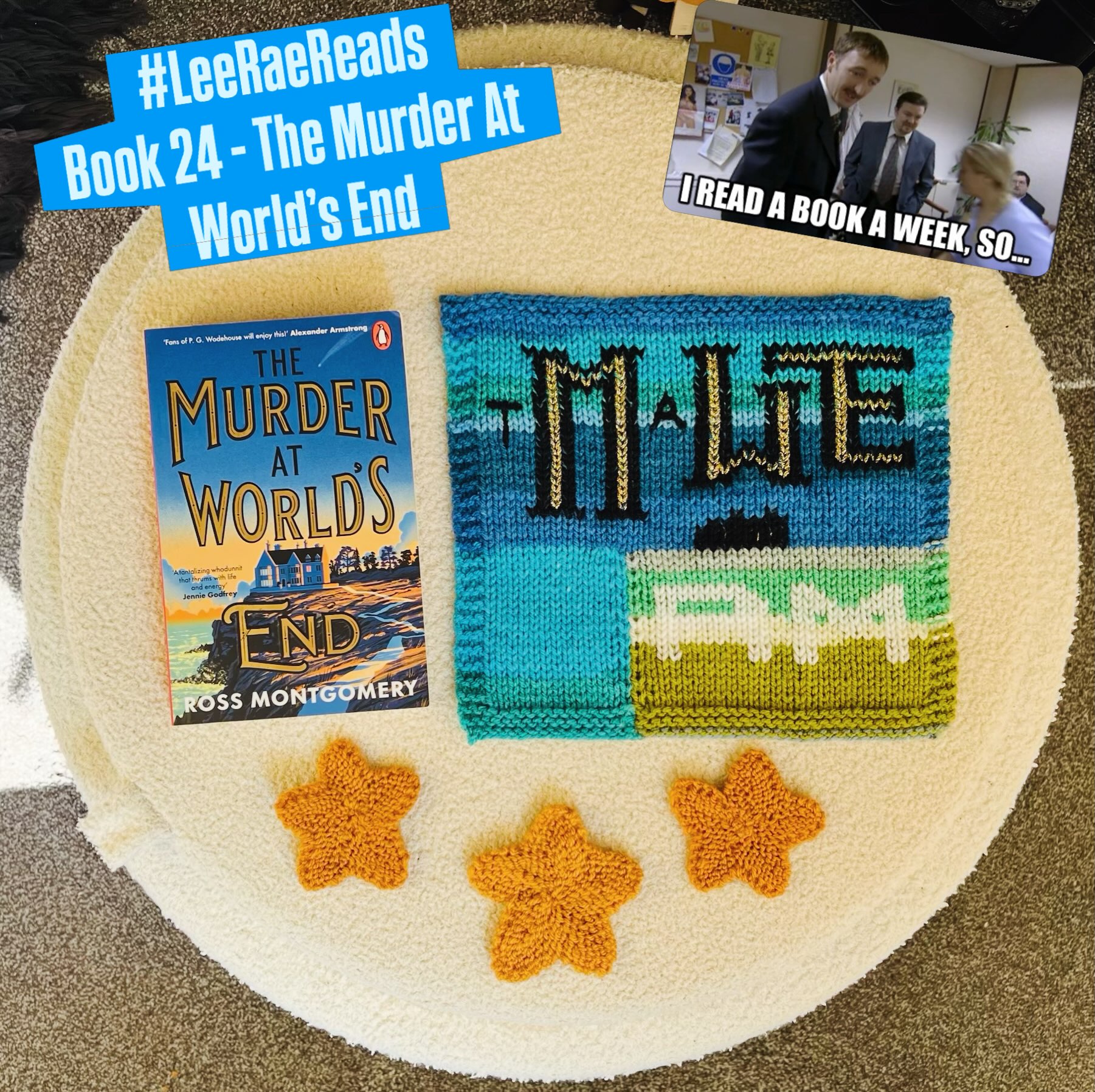 52 books. 1 year. 1 giant blanket.
📕 BOOK 24 - The Murder At World’s End by Ross Montgomery
📖 As Tithe Hall locks down against the incoming apocalypse, Viscount Stockingham-Welt is murdered whilst apparently alone in his sealed office. Knowing his background puts him in the firing line, new butler and ex-con Stephen Pike finds an unlikely ally in family matriarch Decima Stockingham to solve this seemingly impossible mystery.
💭 Look, I just think it’s disappointing that a book which promises to be an end-of-the-world murder mystery reveals itself to be a false-call by a survivalist fantasist so early on. It turns what could be a unique and exciting take on the genre into a fairly run-of-the-mill locked room mystery. Still, it was a fun and absorbing read with a decent mystery behind it.
3 stars: ⭐️⭐️⭐️
🧶 Knitting Notes: 39x50 stockinette square with a 4-row/3-stitch garter border. Duplicate stitch details with crochet chain stitch.
#knittersofinstagram #readersofinstagram #readersgonnaread #whodunnit