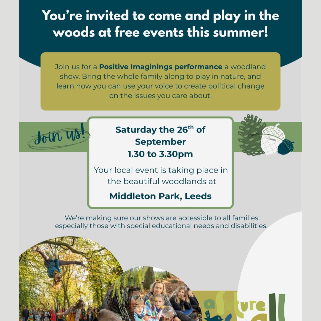 The Positive Imaginings Woodland Show is a nature-based, family-friendly outdoor theatre show designed to inspire curiosity, spark action on climate change, and imagine a brighter, fairer future for all.
Taking place in Middleton Woods on 26 September from 13:30-15:30.
Get full details and book your free place here https://tinyurl.com/mrybxpzh
@hopeforthefuture_uk
#ClimateAction #ClimateActionLeeds