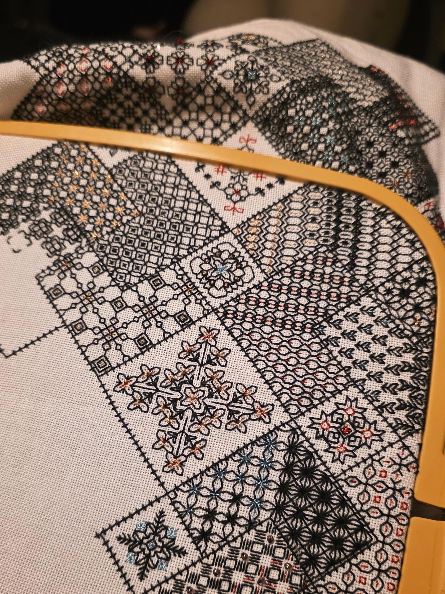 Attempt 2 at this massive project.
I miscalculated how much fabric I needed when I began this before, tried to extend it, and messed it up completely. This time I have better fabric, higher quality threads and really lovely metallic threads that aren't destroying my soul to work with!!
I feel its so important for people to remember that there are humans behind Art, and those people aren't perfect. We make mistakes, we mess things up, we become embarrassed and upset and throw things in drawers with no plans to ever look at them again. We don't share the accidents because Social Media is all about perfection and encourages filters to hide anything that doesn't look good enough for the algorithm.
But as humans, we pick ourselves back up and we try again, we learn over time and we improve ❤️
Everything I do is 100% Human Made.
Maybe I'll share the failed attempt someday, but right now I'm happy to admit that I've started again and can see a massive improvement in what I've done this time in comparison.
Black threads: DMC Coton Á Broder Size 25
Metallic threads: Au Ver A Soie No. 4
Fabric is 32 Count Evenweave
#blackworkembroidery #textilearts #embellishment #embroidery