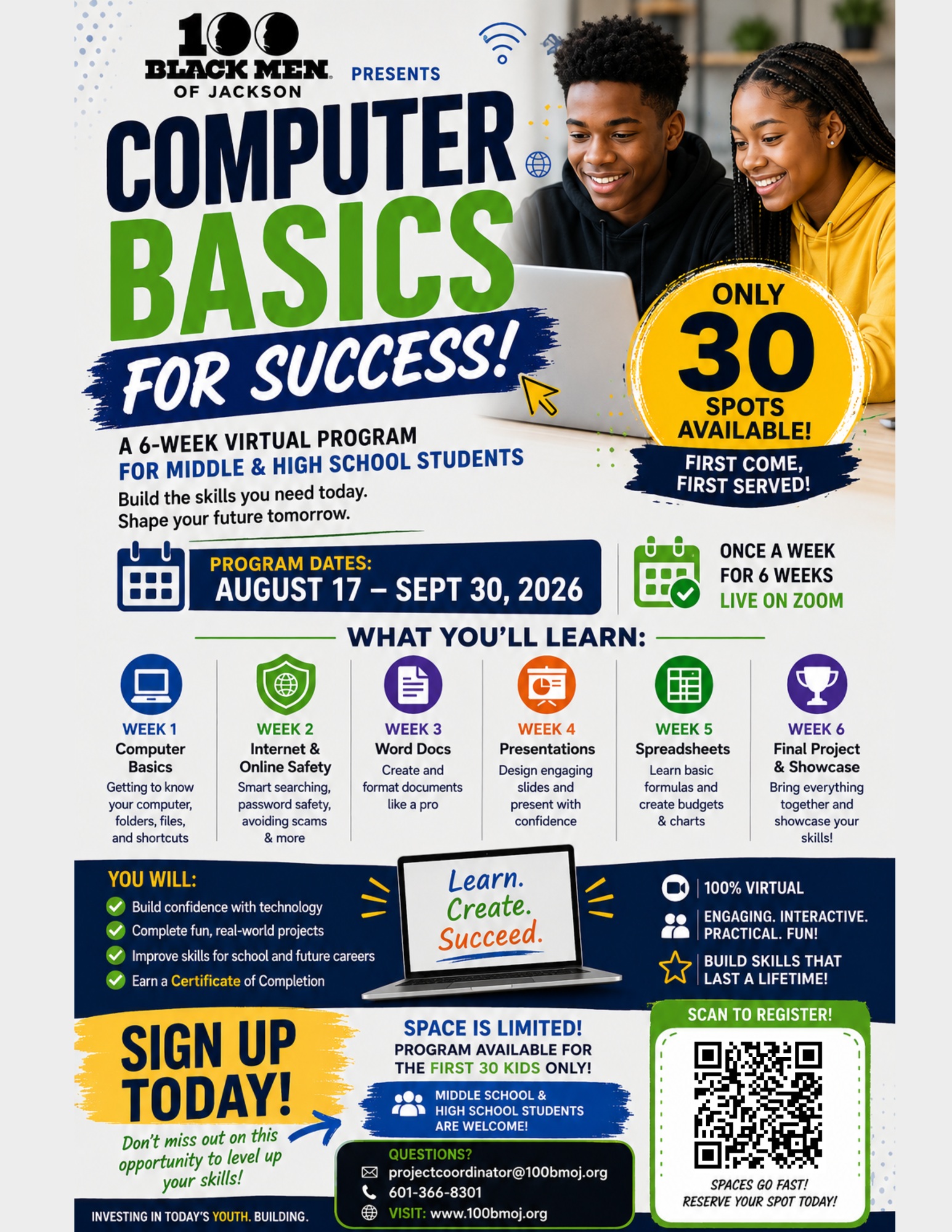 Our upcoming computer training class for middle and high school students! Sign your student up today! 100bmoj.org