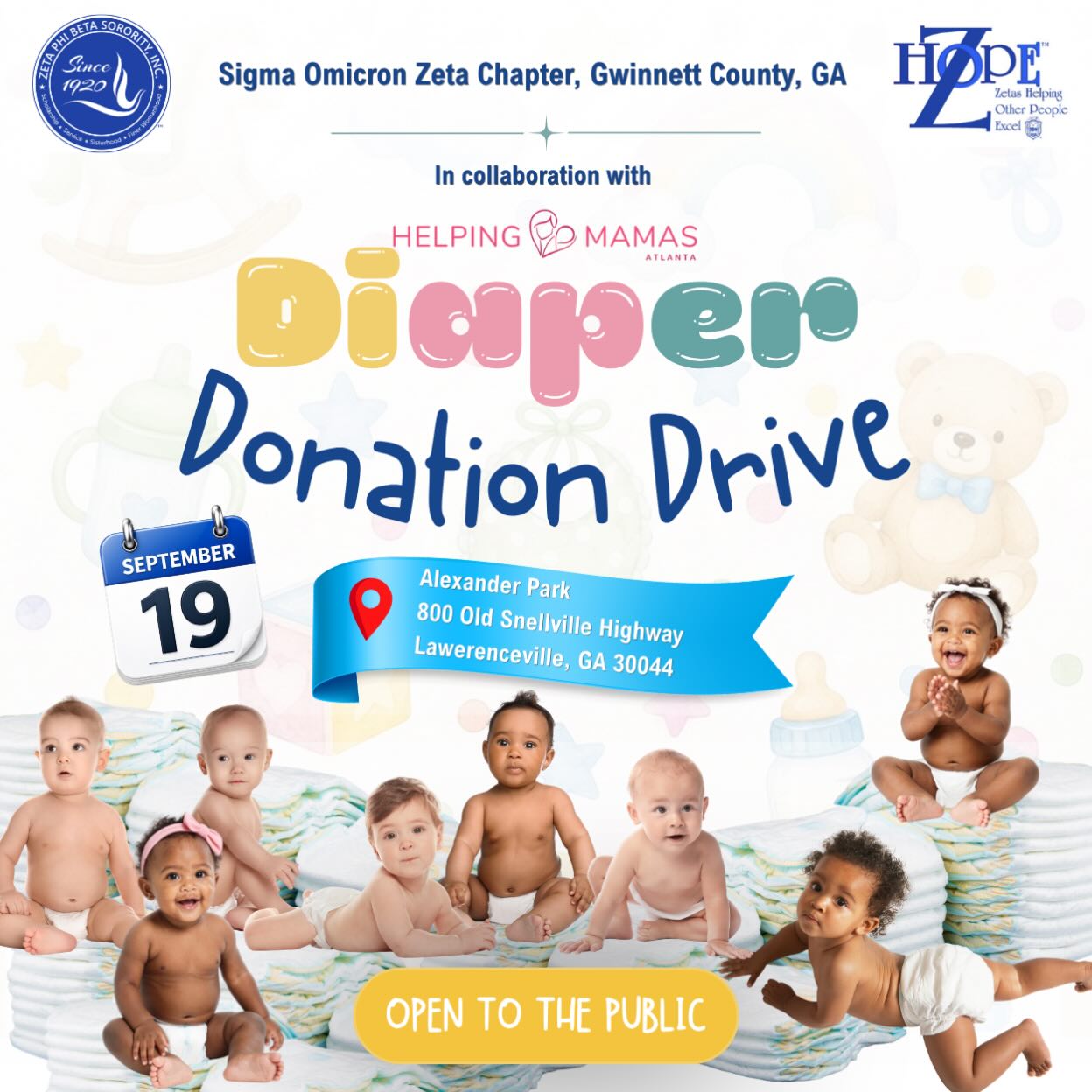 🍼💙 HELP US KEEP LITTLE ONES DRY & COMFORTABLE! 💙🍼
Sigma Omicron Zeta Chapter is partnering with @helpingmamas for a Diaper Donation Drive! 👶🏾✨
📅 September 19
⏰ 10:00am to 11:00am
📍 Alexander Park
800 Old Snellville Highway
Lawrenceville, GA 30044
Come out and support local families by donating diapers and helping ensure babies have the essentials they need. Every pack makes a difference! 💙
🎉 OPEN TO THE PUBLIC!
Bring a donation, spread the word, and help us support our mamas and babies. 🍼💕
#ZetaPhiBeta #GwinnettZetas #zphibga
#HelpingMamas
#diaperdrive