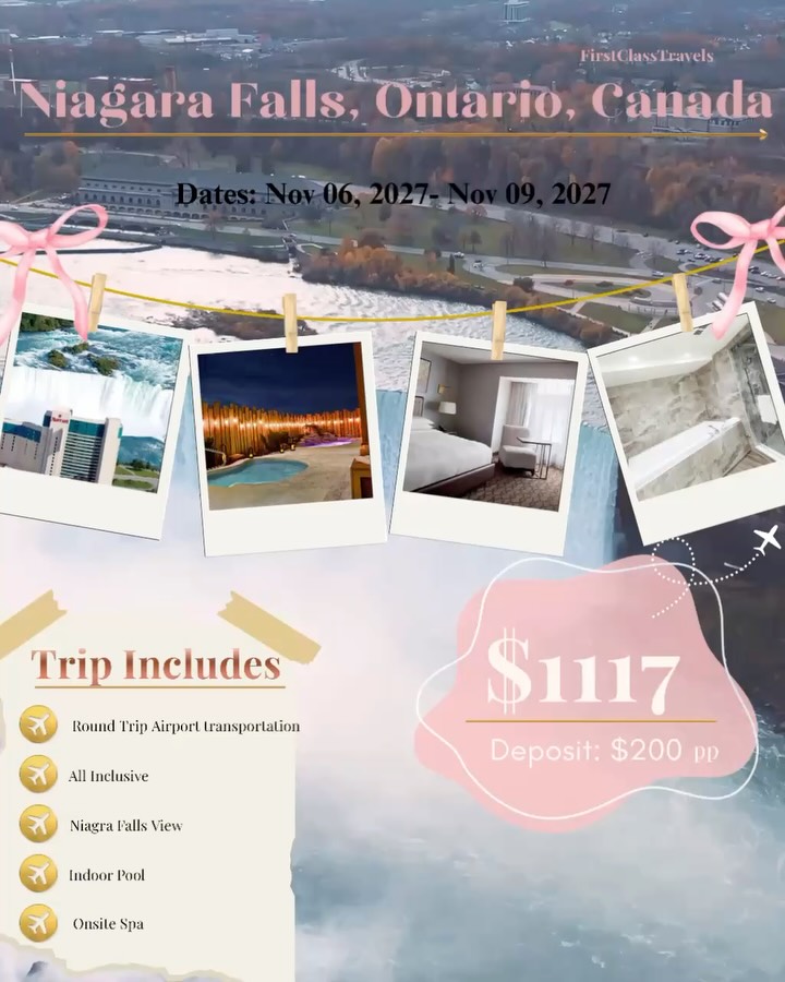 Niagara Falls, but make it luxury 💕✨
Wake up to breathtaking views of the falls, unwind at the spa and thermal pool, then enjoy dinner and drinks without leaving the hotel. This getaway is perfect for couples, friends, or anyone who needs a relaxing escape with a little adventure! 🌊🥂
Your Niagara Falls experience can include:
✈️ Round-trip flights
🏨 Double-bed room with a Niagara Falls view
🛁 Hot tub, indoor pool and spa
🍽️ On-site restaurant, bar and room service
🚢 Niagara Falls tour with a cruise
🍹 Floating tiki bar cruise
🤸🏽♀️ Ziplining over Niagara Falls
🏙️ An optional day trip to Toronto
🏎️ ATV riding in County Simcoe
There is no set booking deadline, but prices can change until your deposit is submitted. Dates, departure airports and the number of travelers can also be customized.
Ready to see Niagara Falls from your hotel room? Comment “FALLS” or visit FirstClassTravel.org to request your personalized quote! 💗
Travel first class no matter the destination. ✈️
#FirstClassTravel #NiagaraFalls #NiagaraFallsCanada #AffordableLuxuryTravel #LuxuryTravelDeals