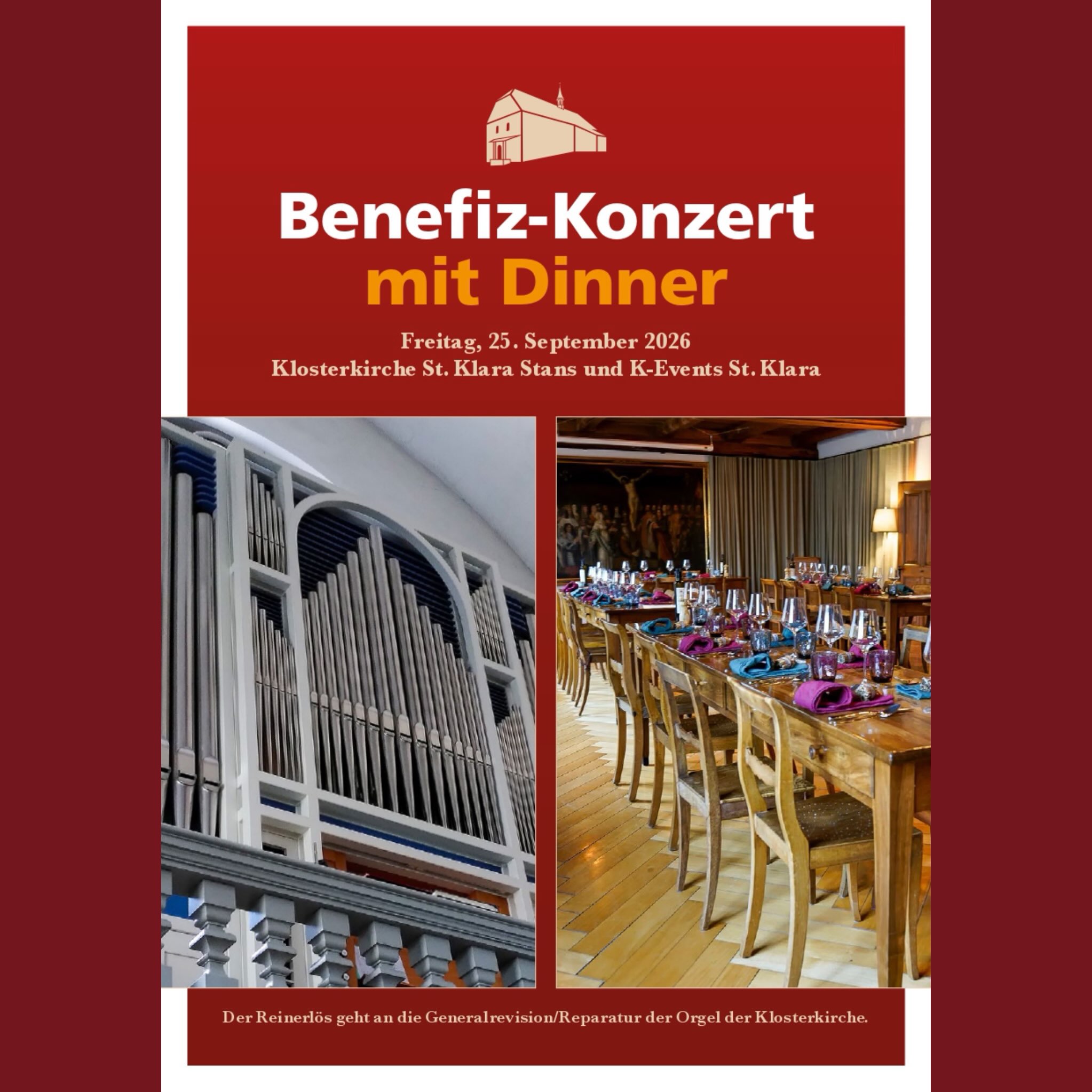 Herzliche Einladung zu einem Benefiz-Konzert mit Dinner am Freitag, 25. 9. 2026 in der Klosterkirche St. Klara in Stans. Der Reinerlös geht an die Revision der Orgel der Klosterkirche.
Orgelmusik: Jan Sprta.
Anmeldung erforderlich (Details Bild 4)
Herzliche Einladung.
#stans#klosterkirche#orgel#benefiz#nidwalden