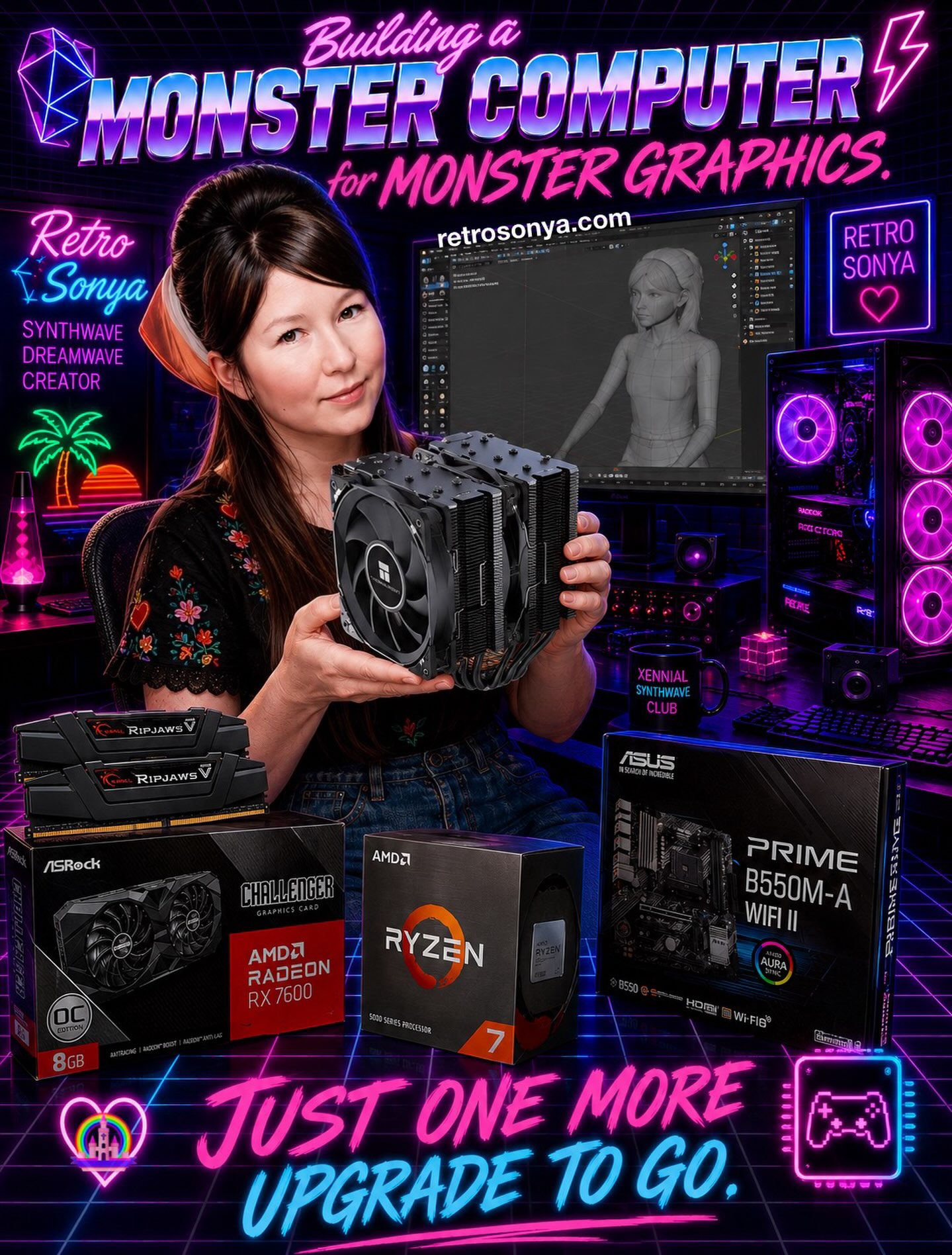🕹️🌴 THE FINAL UPGRADE HAS ENTERED THE SYNTHWAVE ZONE! 🌴🕹️
The monster computer build is almost complete! ⚡💻
The Thermalright Peerless Assassin 120 SE CPU Air Cooler is officially the newest and final upgrade joining the rest of the hardware:
🔥 AMD Ryzen 7 5800X CPU
⚡ ASUS Prime B550M-A WiFi II motherboard
💾 32GB G.SKILL Ripjaws V DDR4 3600 RAM
🎮 ASRock Radeon RX 7600 8GB graphics card
❄️ Thermalright Peerless Assassin 120 SE CPU cooler
Now we’re looking at late August or early September for the final installation phase. Once everything is assembled and running, I’ll finally have the horsepower I need to finish my realistic 3D look-alike VTuber.
And that’s where things get REALLY interesting. 👀✨
My realistic VTuber will become a new feature across my YouTube channel and social media, bringing my 3D art, game development, music, synthwave aesthetic, and creator personality together in one digital character.
I’ve been building this thing upgrade by upgrade. No magic button. No overnight transformation. Just learning, creating, saving up, installing, troubleshooting, and leveling up.
One final hardware boss remains. 🖥️⚔️
Then it’s time to finish the doppelgänger.
Late August / early September… let’s do this.
🎶💾🎮 Retro Sonya is upgrading to the next level.
It’s gonna be totally rad. 😎🌴⚡
#RetroSonya #Synthwave #Dreamwave #VTuber #Xennial