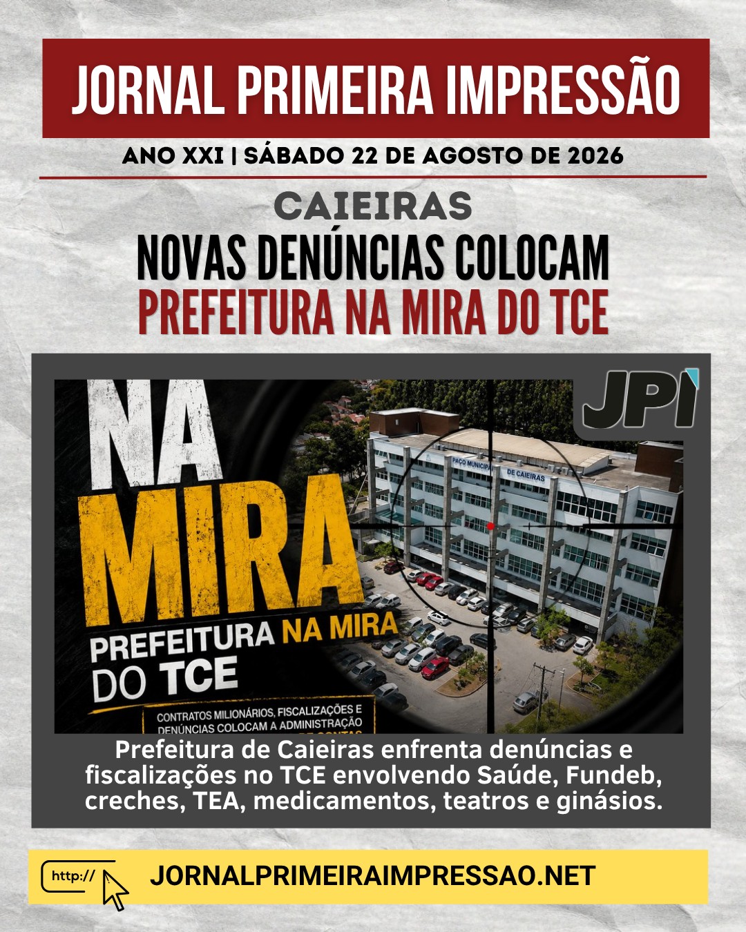 PREFEITURA DE CAIEIRAS NA MIRA DO TCE
Novas denúncias e fiscalizações envolvendo Saúde, Fundeb, creches, TEA, medicamentos, teatros e ginásios colocam a administração municipal diante de diferentes questionamentos no Tribunal de Contas.
Em uma das fiscalizações, a Prefeitura deixou o prazo transcorrer sem manifestação. O conselheiro Maxwell Borges de Moura Vieira foi direto:
“Não cabe o silêncio como resposta.”
Os processos estão em fases diferentes, mas revelam novas frentes envolvendo a Prefeitura no TCE.
Para ler essa e outras noticias, acesse o site do Jornal Primeira Impressão.
#Caieiras #TCESP #PrefeituraDeCaieiras #JornalPrimeiraImpressão
