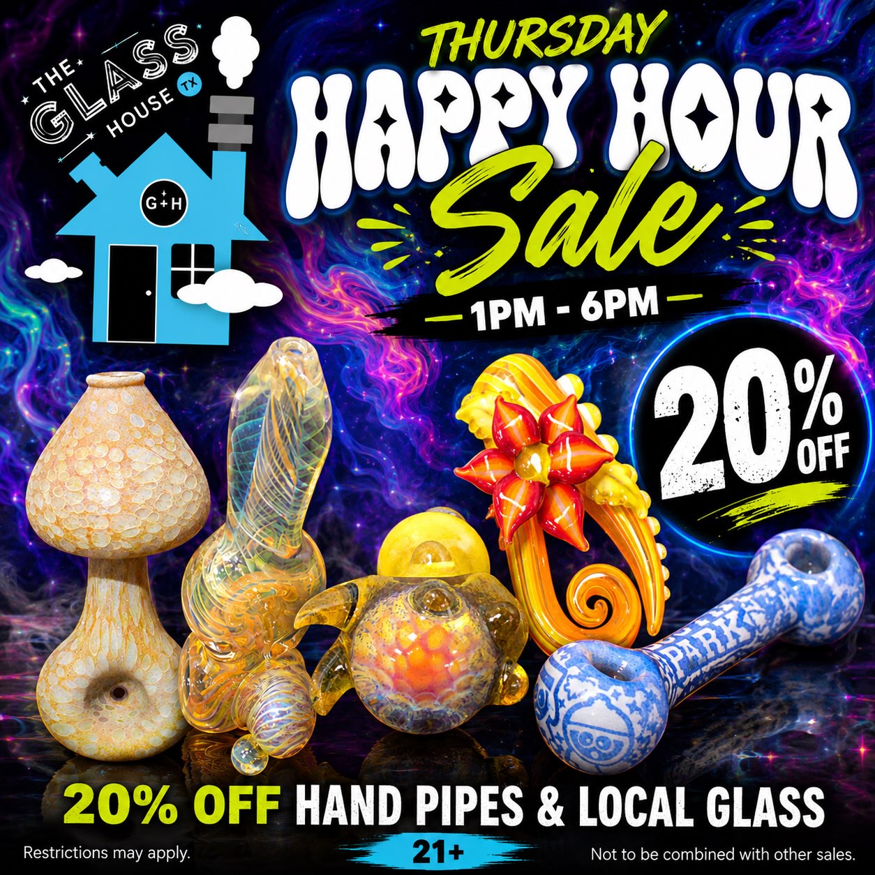 Stop by The Glass House TX from 1–6PM and take 20% OFF hand pipes & local glass during Happy Hour!
Support local artists, find something one-of-a-kind, and add a new favorite to your collection.
Thursday | 1PM–6PM | 20% OFF #shoplocal #dfw #smokeshop #love #art