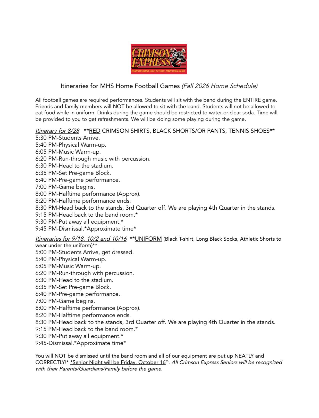 Here are the itineraries that were sent out in our Week 2 Announcements: Home Football Games & Apple Festival Week. Let's go!!!!
