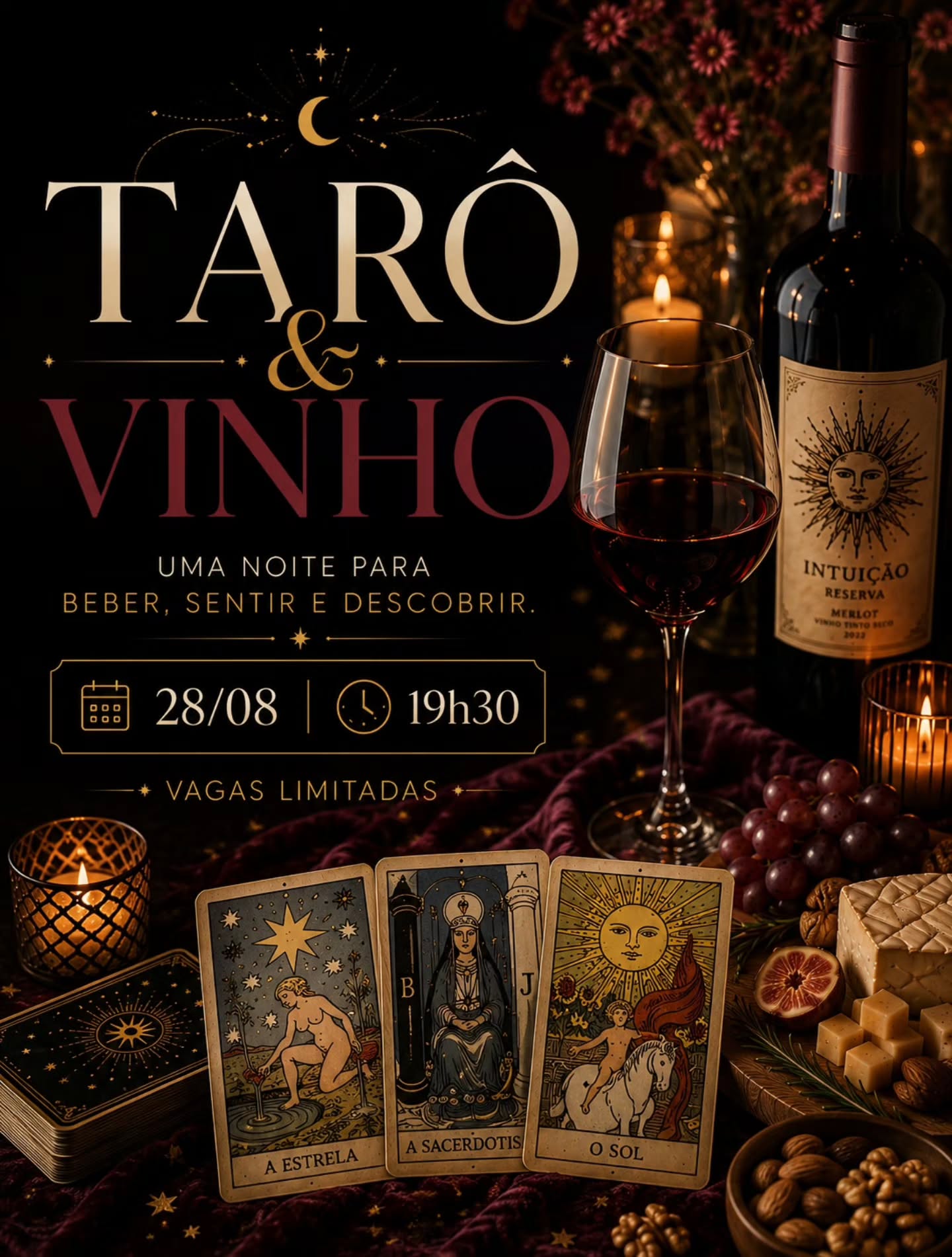 🍷🔮 TARÔ & VINHO
Uma noite entre cartas, taças, sabores e encontros.
No dia 28/08, nos encontramos sob a energia da Lua Cheia e do Eclipse Lunar 🌕✨ — um cenário simbólico que nos convida a olhar para dentro, ampliar percepções e iluminar aquilo que pede para ser visto.
✨ A experiência inclui:
🔮 Leitura individual de Tarô para cada participante
🃏 Momento coletivo de conexão com os Arcanos
🍷 3 rótulos de vinhos cuidadosamente selecionados
🧀 Mesa gastronômica com queijos, frutas, pastas artesanais e acompanhamentos
🎶 Música, encontros e boas conversas
🌕 Uma noite atravessada pelo simbolismo da Lua Cheia e do Eclipse Lunar
📅 28/08
🕢 19h30
📍 Curitiba – PR
✨ Vagas limitadas para preservar uma experiência intimista e acolhedora.
Quer saber mais ou reservar sua vaga?
📲 Me chama pelo Direct ou WhatsApp.
Entre cartas. Entre taças. Entre você. 🍷🔮🌙