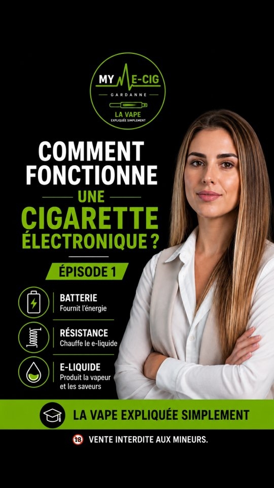 🔋 Comment fonctionne une cigarette électronique ?
Dans ce premier épisode de La vape expliquée simplement, découvrez le fonctionnement général d’une cigarette électronique.
🔋 La batterie fournit l’énergie.
♨️ La résistance chauffe le e-liquide.
💧 Le e-liquide est ainsi transformé en aérosol.
Une explication courte et visuelle pour mieux comprendre ce qui se passe lorsque l’appareil fonctionne.
👉 Épisode 1 — Comment fonctionne une cigarette électronique ?
Suivez My E-Cig Gardanne pour découvrir les prochains épisodes de La vape expliquée simplement.
🔞 Vente interdite aux mineurs.
⚠️ La nicotine crée une forte dépendance. Son utilisation par les non-fumeurs n’est pas recommandée.
#LaVapeExpliqueeSimplement #CigaretteElectronique #Vapotage #Vape #MyECigGardanne #Gardanne