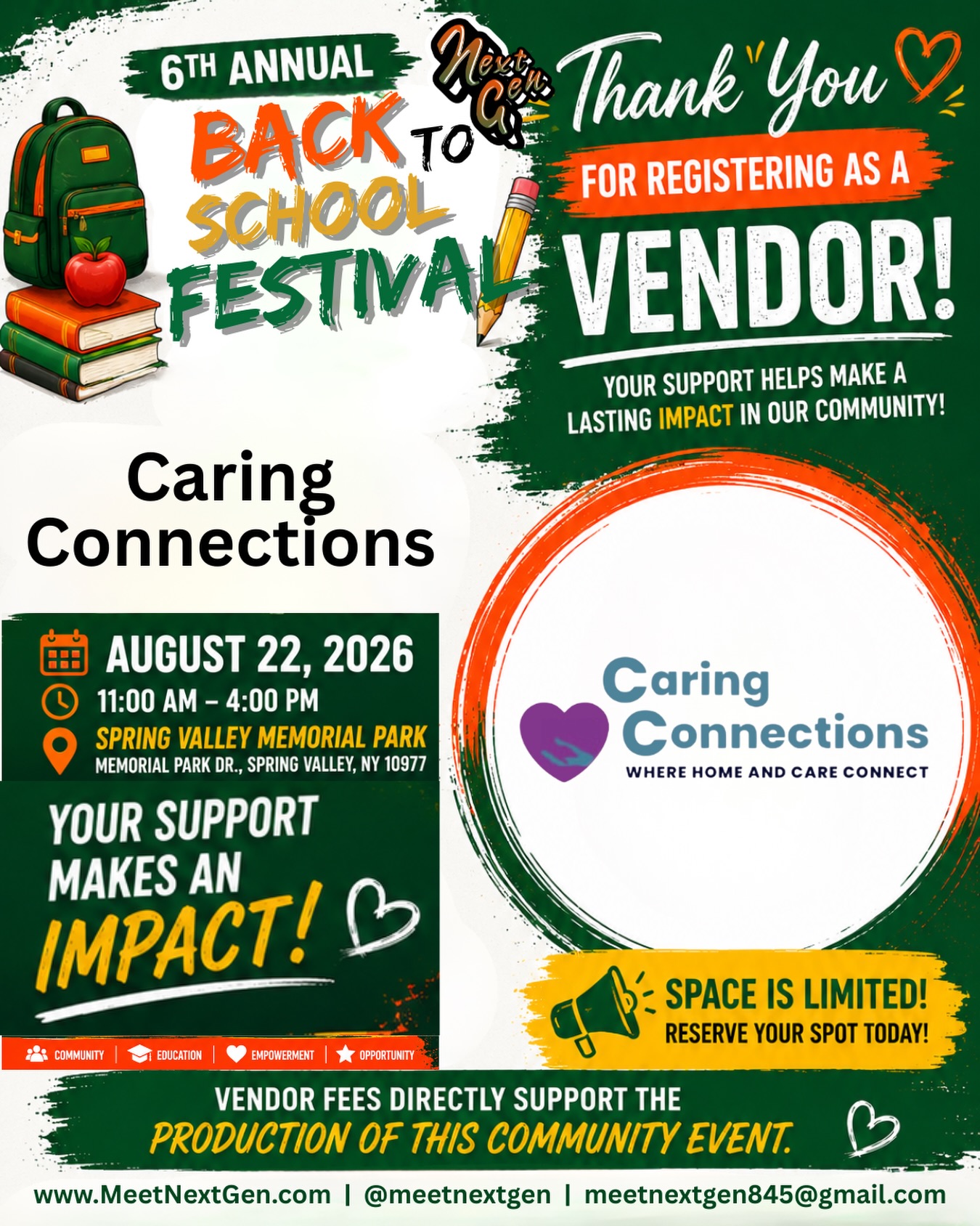 We’re excited to welcome @thecaringconnectionsny to the 6th Annual Meet Next Gen Back to School Festival!
Looking for employment opportunities? Make sure you stop by The Caring Connections NY booth because they will be hiring!
Stop by on Saturday, August 22, to:
• Learn about current employment opportunities
• Meet their team and ask questions
• Find out what positions they are hiring for
• Learn more about The Caring Connections NY and the services they provide
• Take the next step toward a new career opportunity
One of our goals at Meet Next Gen is to connect our community not only with resources for our youth, but also with opportunities that can strengthen the entire family.
Thank you, @thecaringconnectionsny , for joining us and bringing employment opportunities directly to our community!
6th Annual Meet Next Gen Back to School Festival
Saturday, August 22, 2026
11:00 AM – 4:00 PM
Spring Valley Memorial Park
Spring Valley, NY
Admission is FREE!
Come for the festival. Leave connected to new resources and opportunities.
#VendorSpotlight #NowHiring #JobOpportunities #RocklandCounty #BackToSchoolFestival