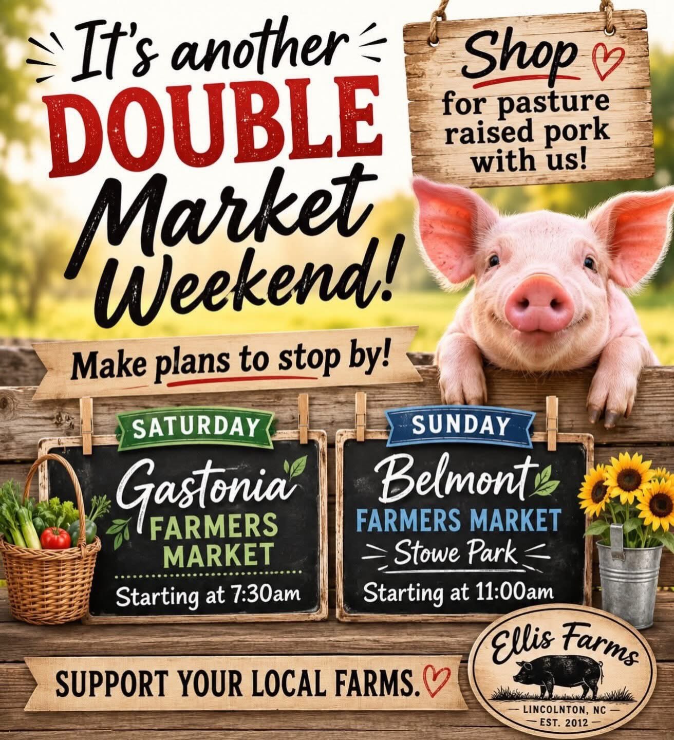 Two markets this weekend! Come shop with us tomorrow in Gastonia or Sunday in Belmont! Give our pasture raised pork a try! 🐖 #pastureraisedpork #farmersmarketfinds