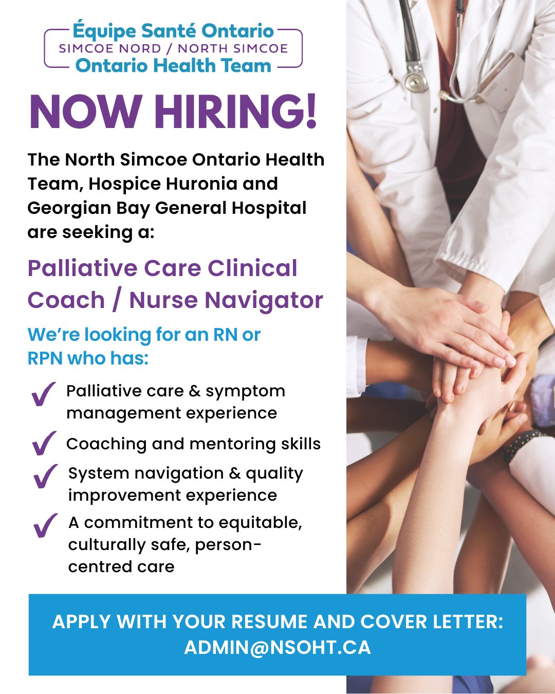 Help shape the future of palliative care in North Simcoe. 💙
The North Simcoe Ontario Health Team, Hospice Huronia and Georgian Bay General Hospital are seeking an experienced Palliative Care Clinical Coach / Nurse Navigator to help strengthen palliative care across our region.
This unique role combines clinical expertise, coaching and system change. You’ll support patients and families while coaching front-line healthcare providers, leading quality improvement initiatives and helping implement the North Simcoe Palliative Care Pathway.
We’re looking for an experienced RN or RPN who:
✅ Has strong palliative care and pain/symptom management experience
✅ Enjoys coaching and mentoring healthcare providers
✅ Understands system navigation and quality improvement
✅ Is committed to equitable, culturally safe and person-centred care
Interested candidates are invited to send a resume and cover letter to admin@nsoht.ca.
Learn more and apply:
https://ca.indeed.com/viewjob?jk=ed672141389a52b4
Please share this opportunity with someone who could help make a difference in palliative care across North Simcoe.
#NorthSimcoeOHT #PalliativeCare #NursingJobs #HealthcareCareers #NorthSimcoe