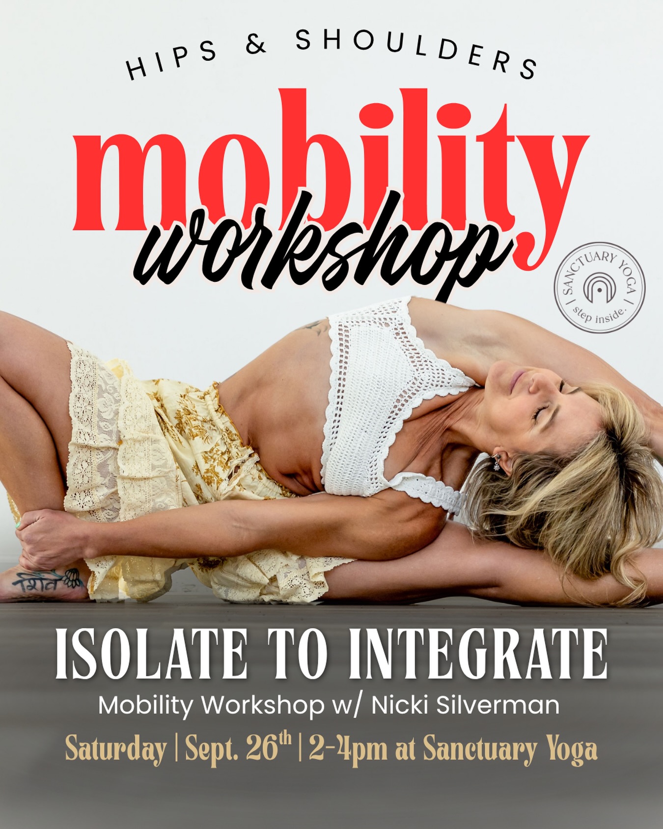 Still dealing with stiff hips, a stuck shoulder, or persistent neck pain—no matter how much yoga or strength training you do? 🧘♀️✨
Join Nicki Silverman (E-RYT, Functional Mobility Specialist & Internal Strength Coach) for ISOLATE TO INTEGRATE: Hips + Shoulders Mobility Workshop at Sanctuary!
Instead of just stretching harder, learn the joint mechanics that actually solve restrictions for good.
What you’ll gain:
🔹 Usable Range of Motion: Unlock deeper, pain-free movement in your hips and shoulders.
🔹 Stop the Domino Effect: Understand how joint restrictions cause compensation elsewhere.
🔹 Elevate Your Asana: Learn how to integrate mobility work directly into your yoga practice (yes, even that bound side angle!).
🔹 Actionable Tools: Leave with real techniques to keep your joints healthy, fluid, and resilient.
Whether you’re looking to break through a plateau in your practice or just want to move through daily life with ease, this workshop is for you.
📍 Where: Sanctuary for Yoga
🗓️ When: Sept 26th 2-4pm
🎟 Space is limited—link in bio to reserve your spot!