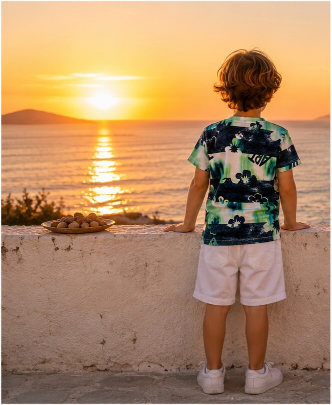 3 — LEILANI | THE ADVENTURE ☀️
And finally, the big explorer. 💚
For the oldest boy, I used my Leilani T-shirt pattern and paired it with simple white shorts.
No complicated construction. No dramatic twist. And that is exactly the point.
After the puzzle of the Mini Phlox and the twirl of the new dress, this piece is about something I always want Melia Mania clothes to be:
clothes made to actually live in.
Soft 100% cotton jersey, an easy T-shirt shape, plenty of freedom to move — but that bold print makes even the simplest outfit feel special.
Because holiday clothes need to survive a lot: wandering through little white streets, climbing to find the best view, stopping for ice cream, running to the sea… and still looking pretty good in the family pictures. 😉🇬🇷
Three children.
Three different designs.
One fabric connecting them all.
A little handmade holiday capsule designed to be stylish enough for the memories, comfortable enough for the adventure. 💚💙🤍
Chapter 3/3 — now let’s go explore. ☀️